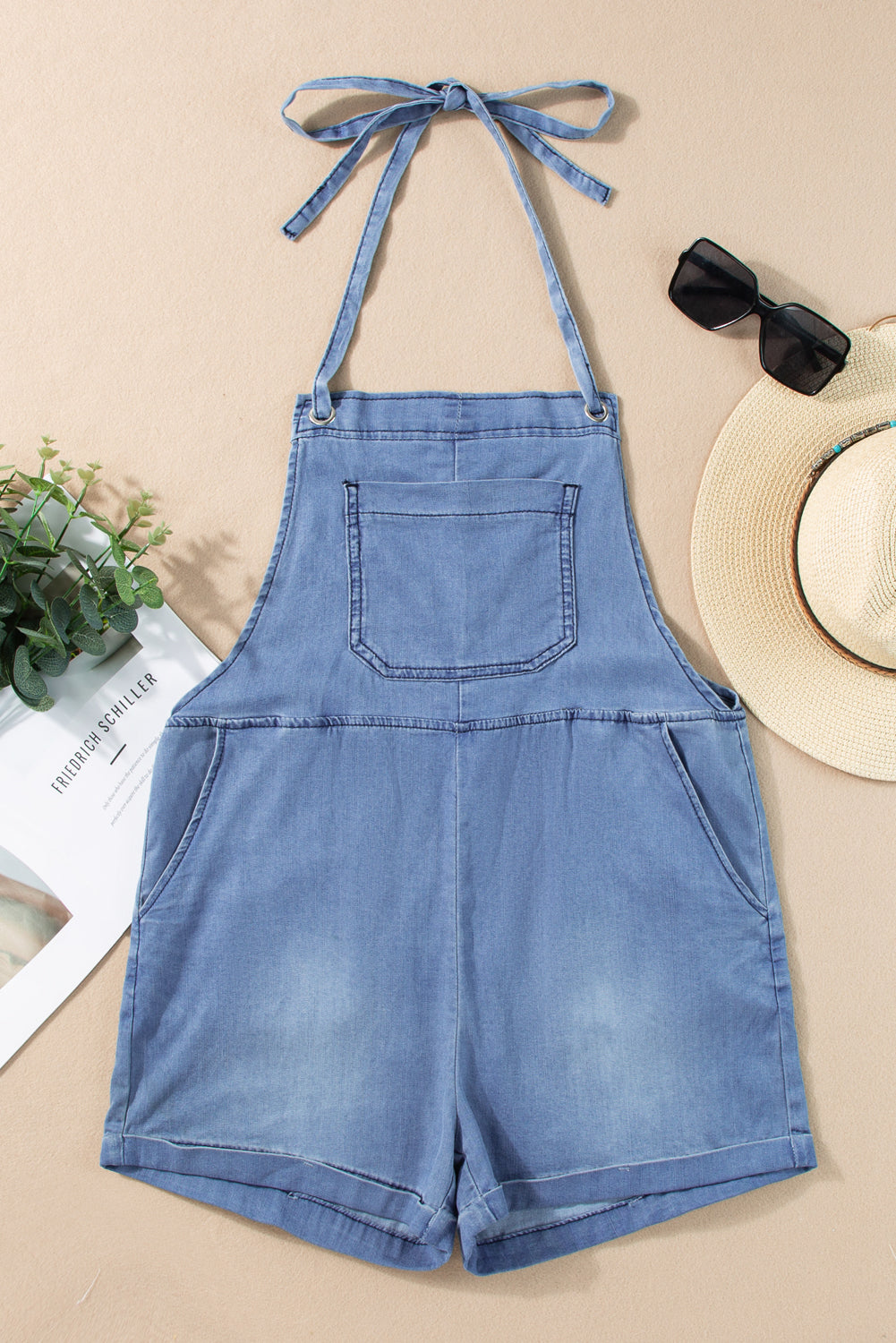 Light Blue Grommet Tie Straps Denim Romper Blue Zone Planet