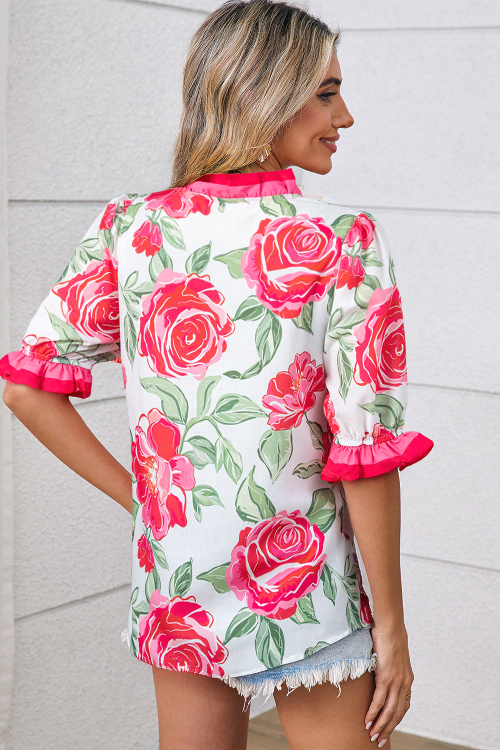 Rose Floral Frilled V Neck Short Sleeve Blouse Top-Tops/Blouses & Shirts-[Adult]-[Female]-2022 Online Blue Zone Planet