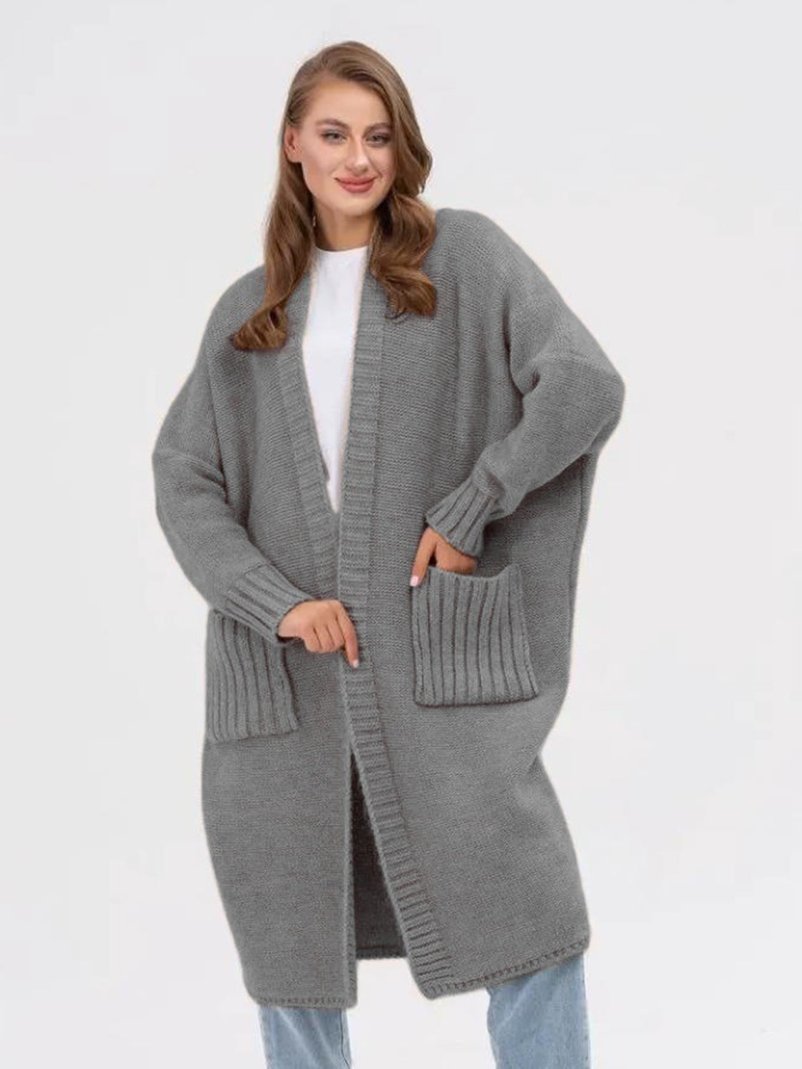 Pocketed Open Front Long Sleeve Longline Cardigan-TOPS / DRESSES-[Adult]-[Female]-Gray-One Size-2022 Online Blue Zone Planet