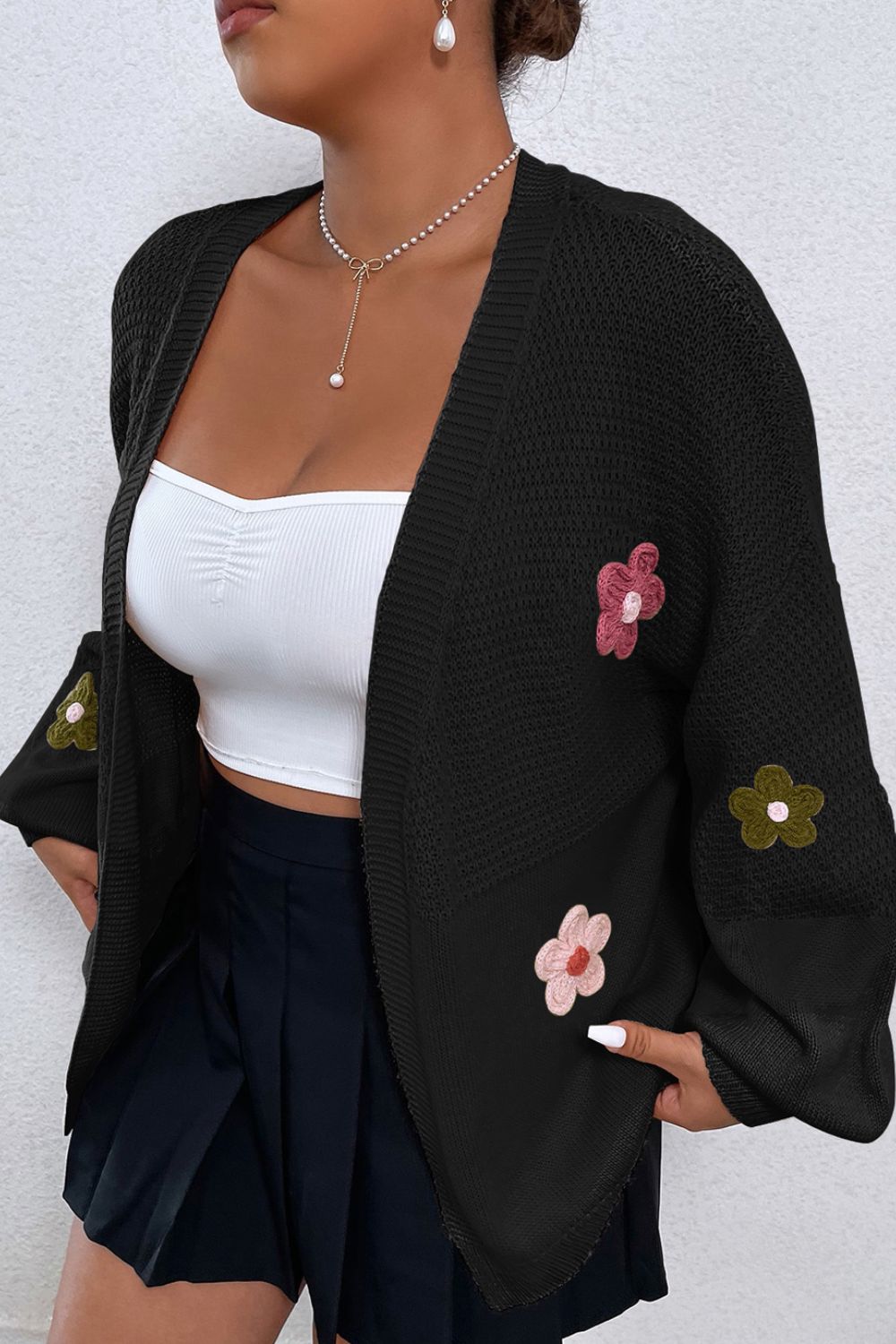 Floral Applique Drop Shoulder Open Front Cardigan-TOPS / DRESSES-[Adult]-[Female]-Black-S-2022 Online Blue Zone Planet