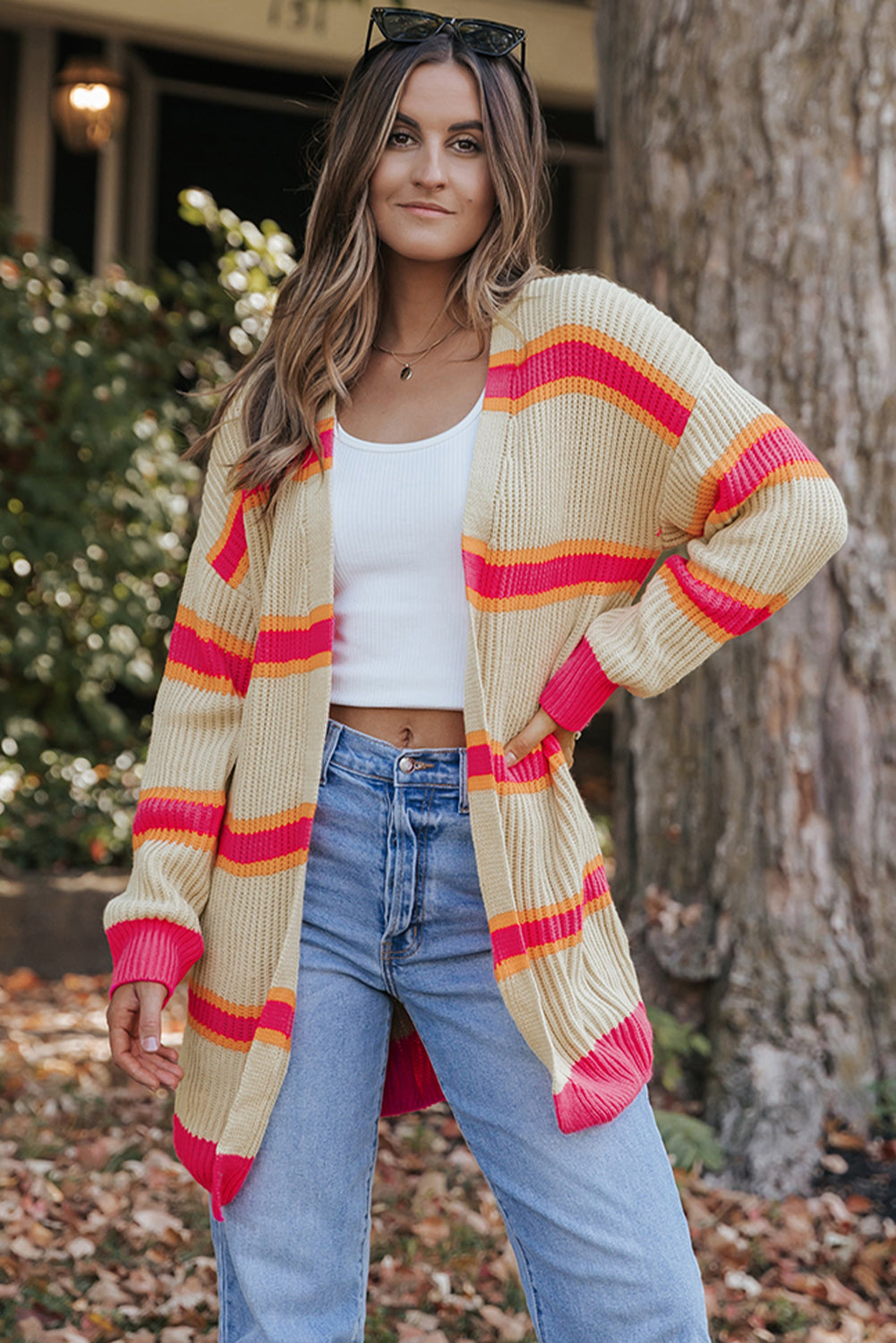 Stripe Printed Ribbed Long Knitted Cardigan-Sale (50% OFF)/30% OFF-[Adult]-[Female]-Stripe-S-2022 Online Blue Zone Planet