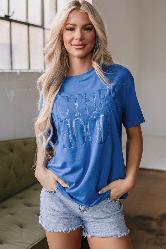 Sky Blue Vintage MOTHERHOOD Letter Graphic T Shirt-Tops / Dresses-[Adult]-[Female]-Sky Blue-S-2022 Online Blue Zone Planet