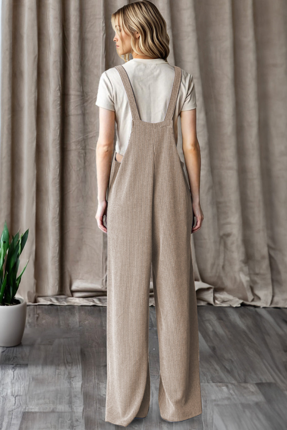 Parchment Ribbed Knit Patched Pocket Wide Leg Overalls-Bottoms/Jumpsuits & Rompers-[Adult]-[Female]-2022 Online Blue Zone Planet