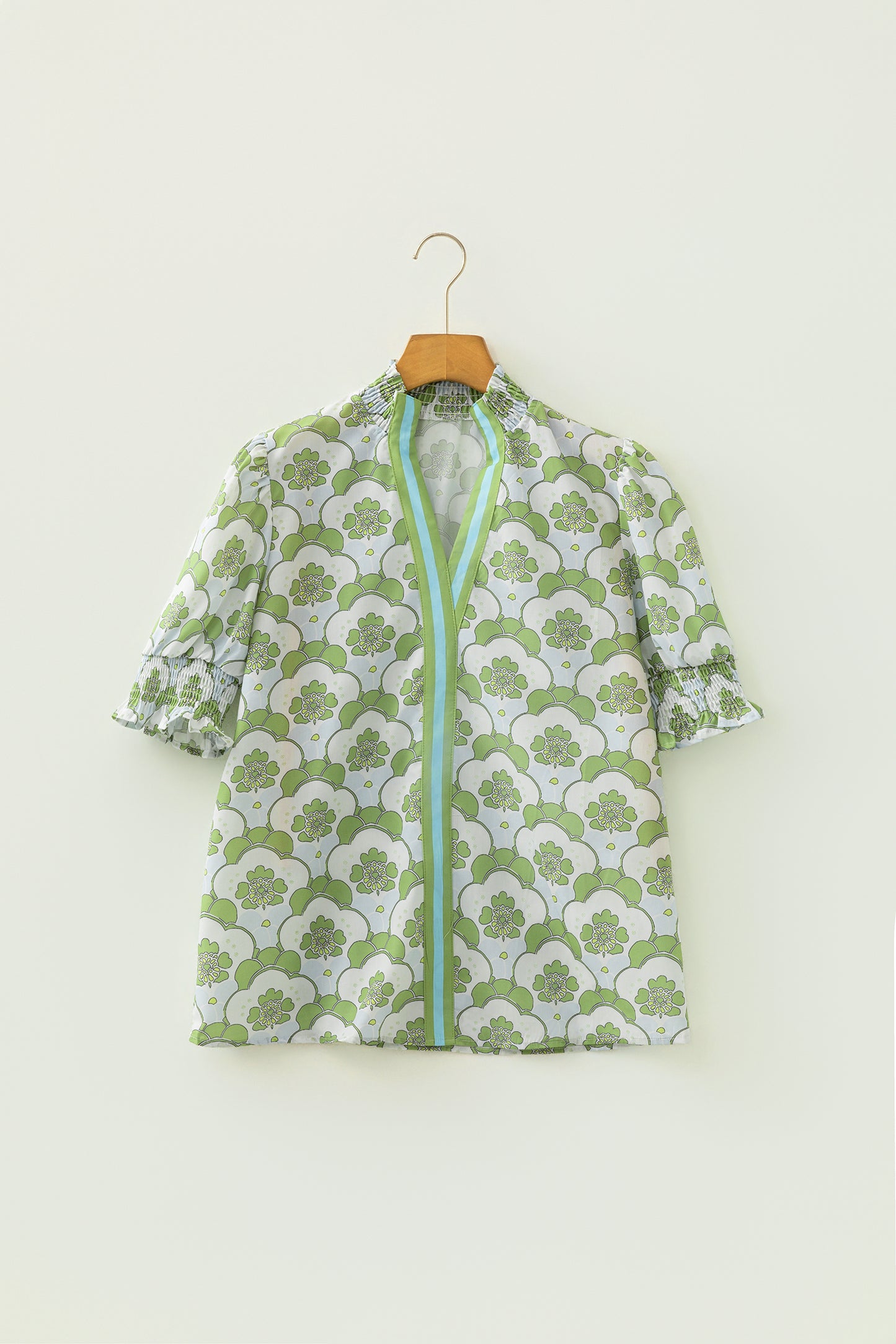 Green Floral Clouds Ruffled Short Sleeve Summer Blouse-Tops/Blouses & Shirts-[Adult]-[Female]-2022 Online Blue Zone Planet