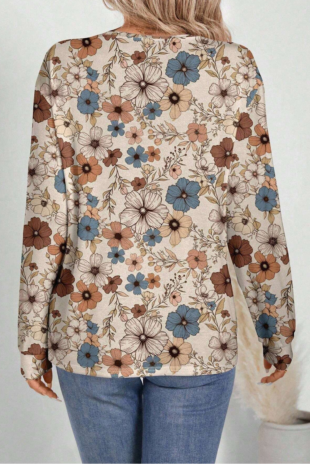 Khaki Floral Print Loose Crew Neck Long Sleeve T Shirt-Tops/Long Sleeve Tops-[Adult]-[Female]-2022 Online Blue Zone Planet