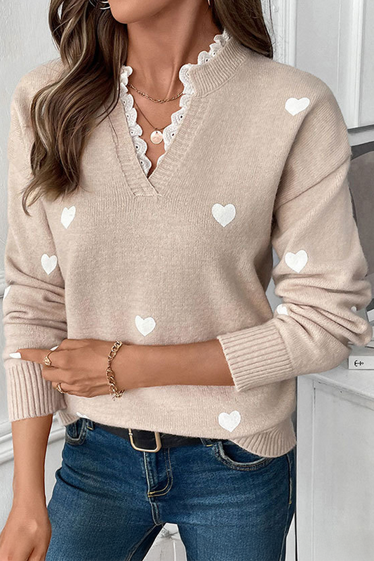 Smoke Gray Heart Print Lace Splicing V Neck Valentines Sweater-TOPS / DRESSES-[Adult]-[Female]-Smoke Gray-S-2022 Online Blue Zone Planet