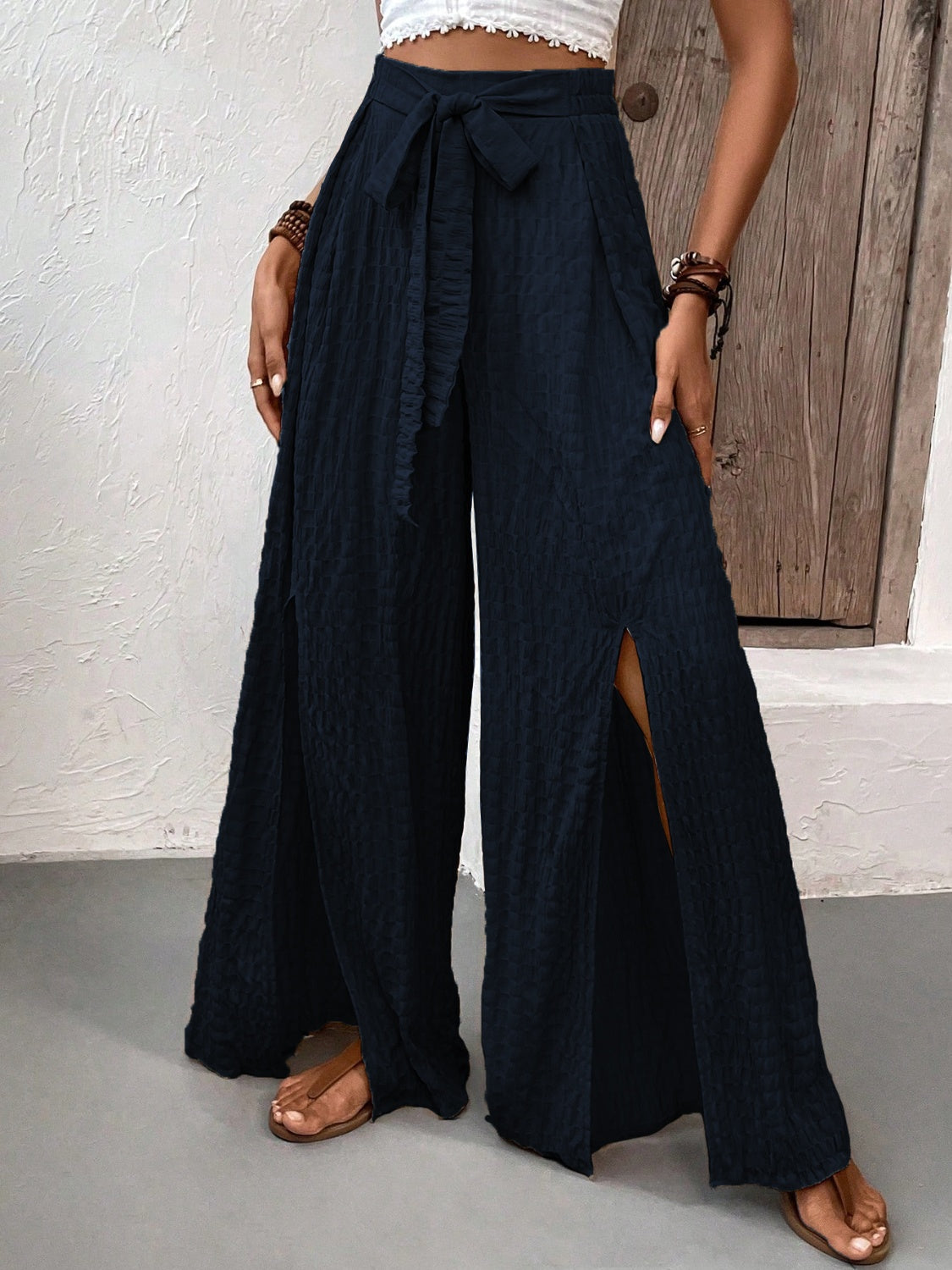 Honey Tied Slit Wide Leg Pants-BOTTOMS SIZES SMALL MEDIUM LARGE-[Adult]-[Female]-Dark Navy-S-2022 Online Blue Zone Planet