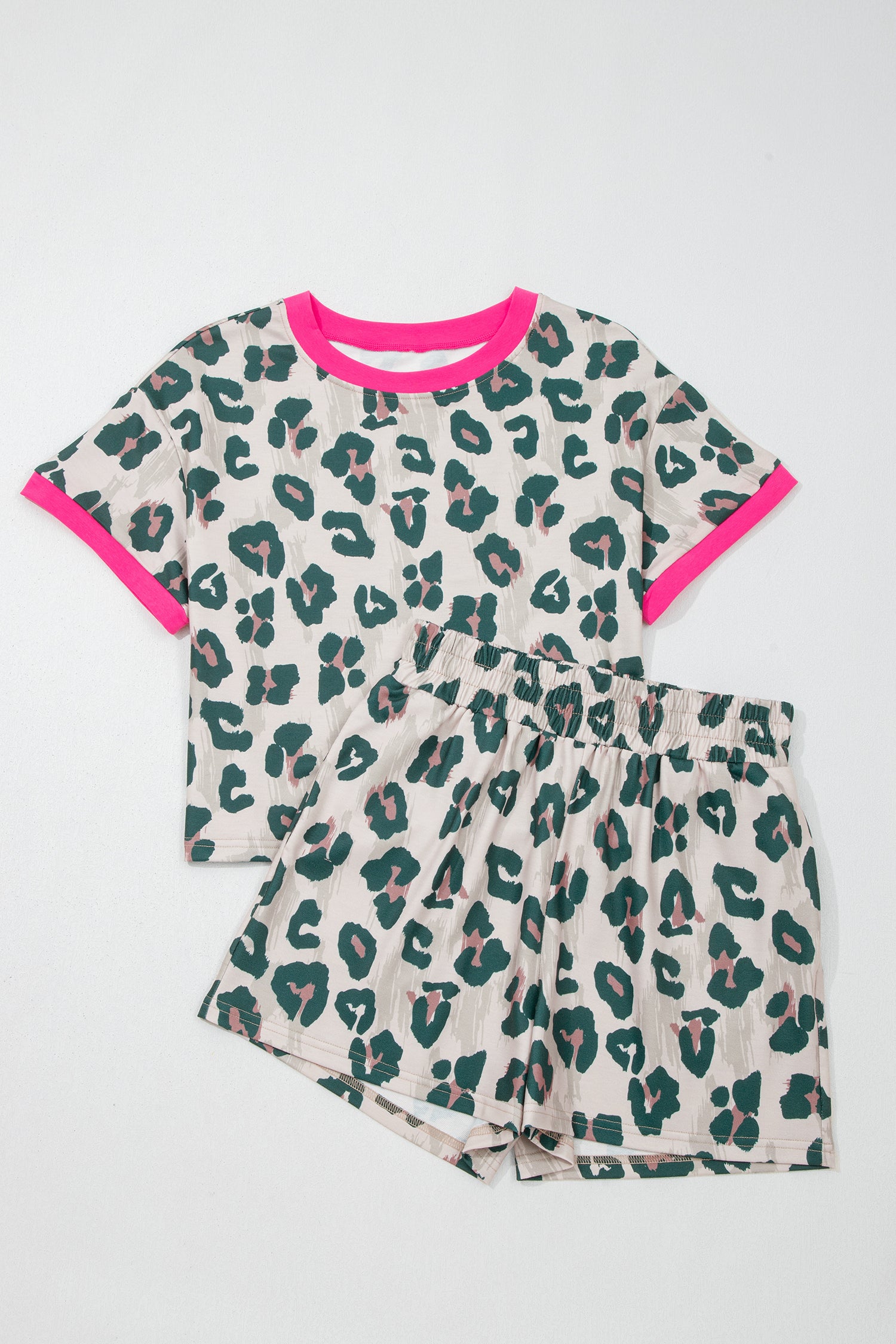 Brown Unique Leopard Print Contrast Trim Top Loose 2pcs Short Set-Two Piece Sets/Short Sets-[Adult]-[Female]-2022 Online Blue Zone Planet