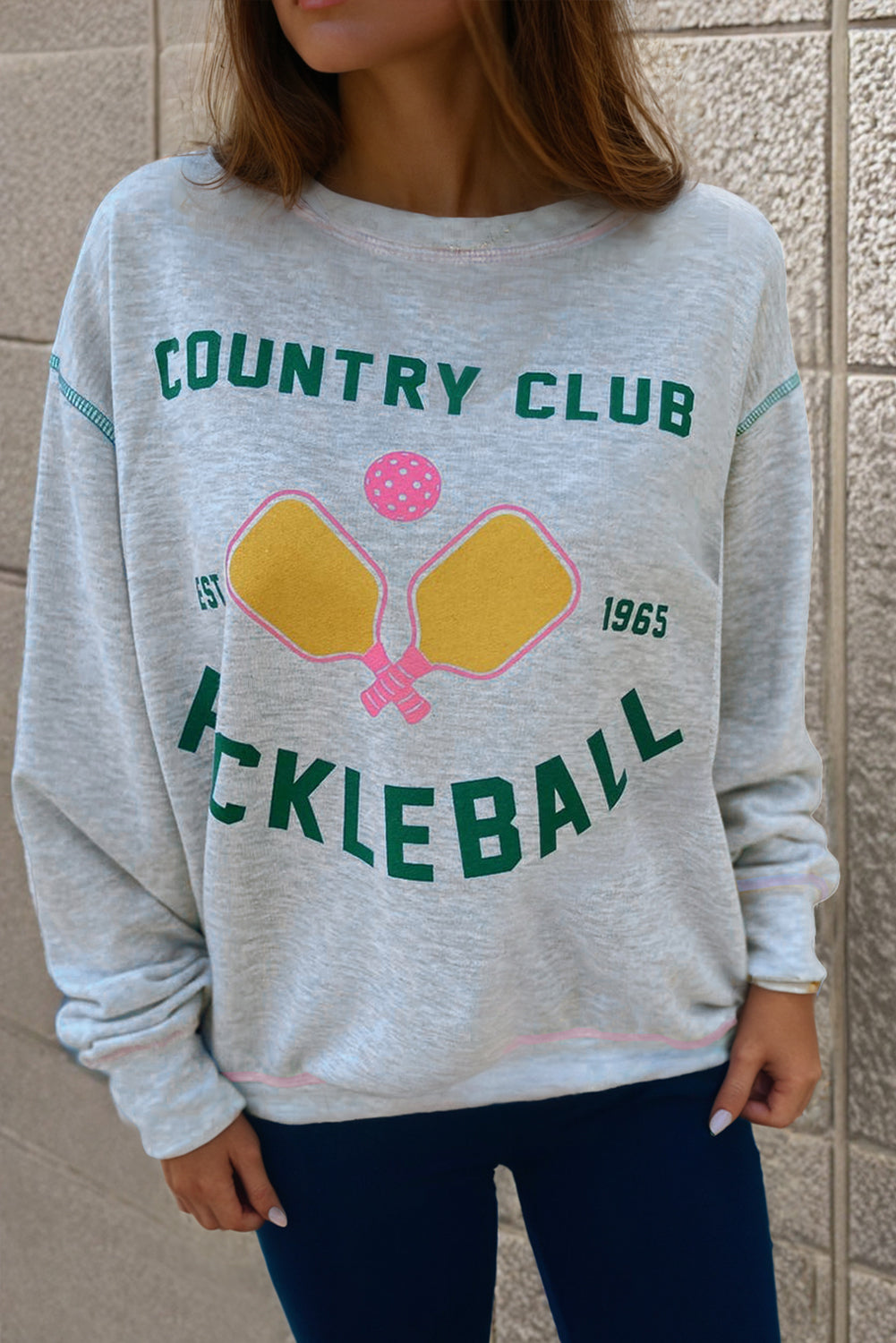 Light Grey COUNTRY CLUB PICKLEBALL Graphic Exposed Stitching Casual Sweatshirt-Tops/Sweatshirts & Hoodies-[Adult]-[Female]-Light Grey-S-2022 Online Blue Zone Planet