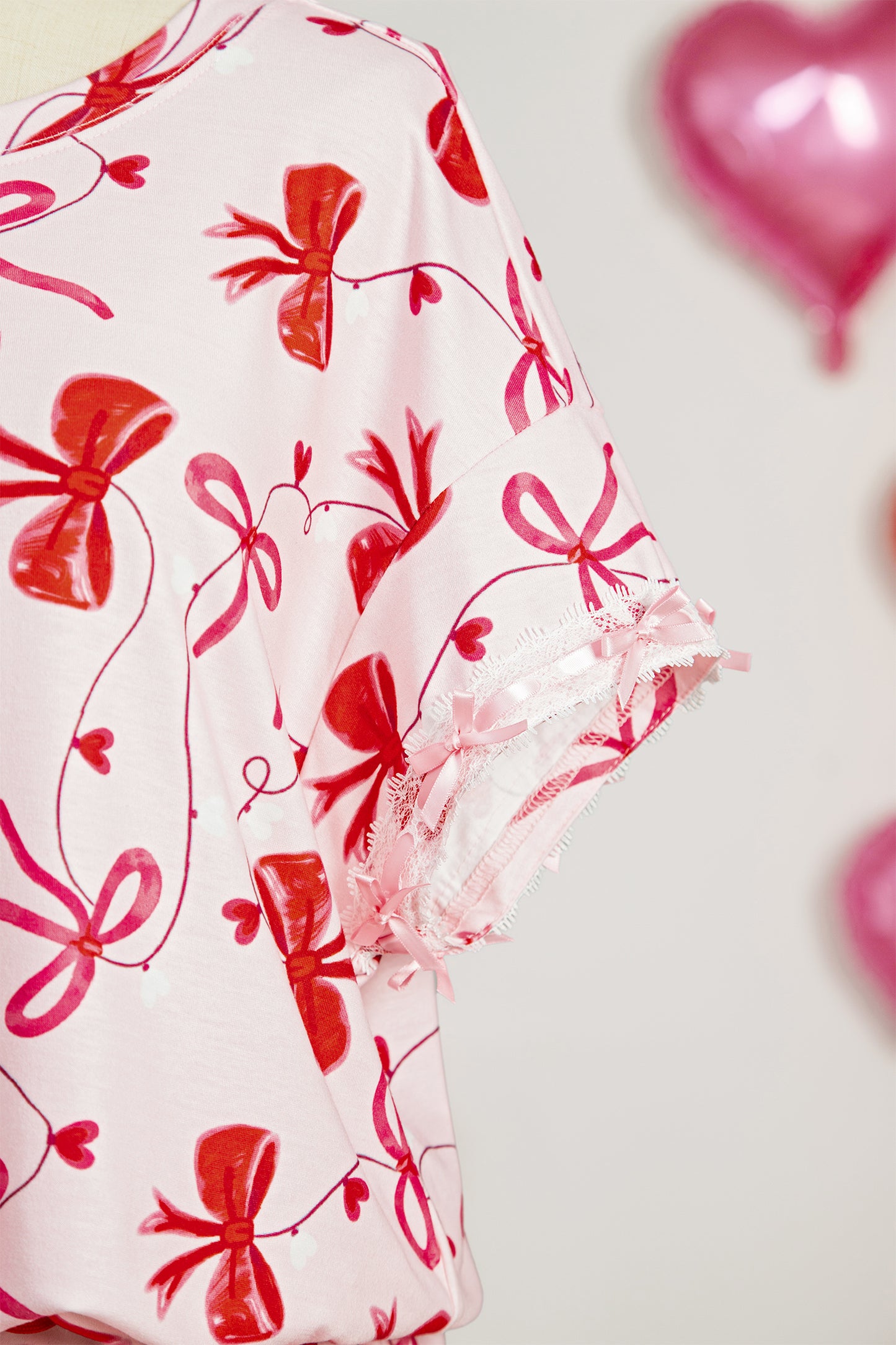 Red Romantic Bow Print Loose Tee Drawstring Shorts 2pcs Lounge Set-Loungewear & Sleepwear/Loungewear-[Adult]-[Female]-2022 Online Blue Zone Planet