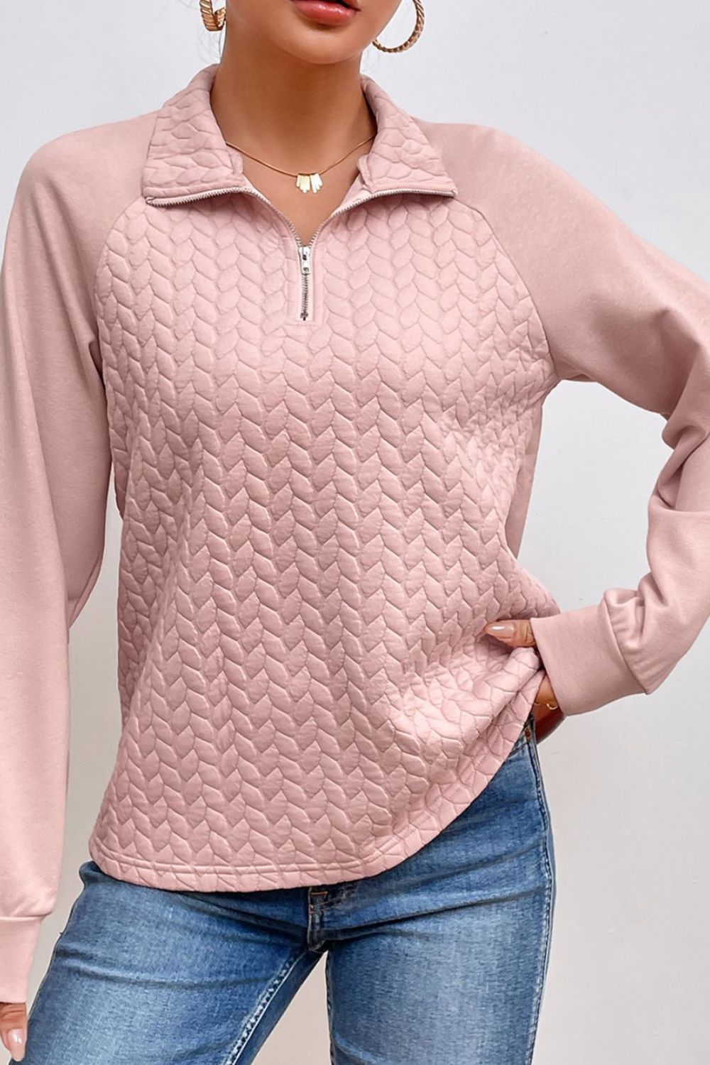 Textured Quarter Zip Long Sleeve Sweatshirt-TOPS / DRESSES-[Adult]-[Female]-Dusty Pink-S-2022 Online Blue Zone Planet