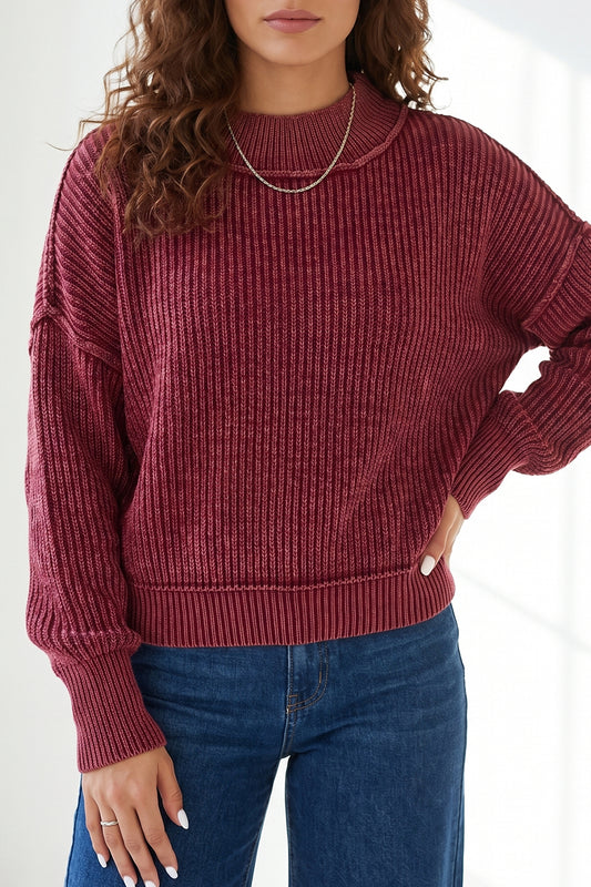 Red Dahlia Drop Shoulder High Neck Ribbed Sweater-Sweaters & Cardigans/Sweaters-[Adult]-[Female]-Red Dahlia-S-2022 Online Blue Zone Planet