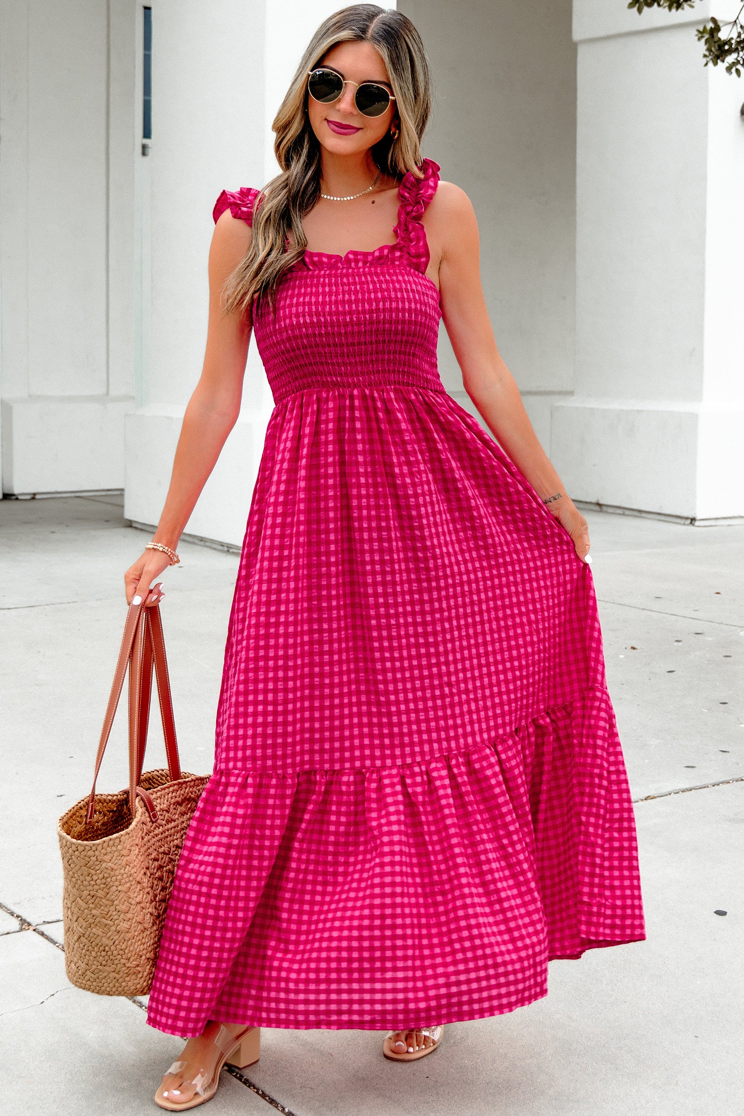 Red Plaid Square Neck Fit-and-flared Vacation Sundress-TOPS / DRESSES-[Adult]-[Female]-2022 Online Blue Zone Planet
