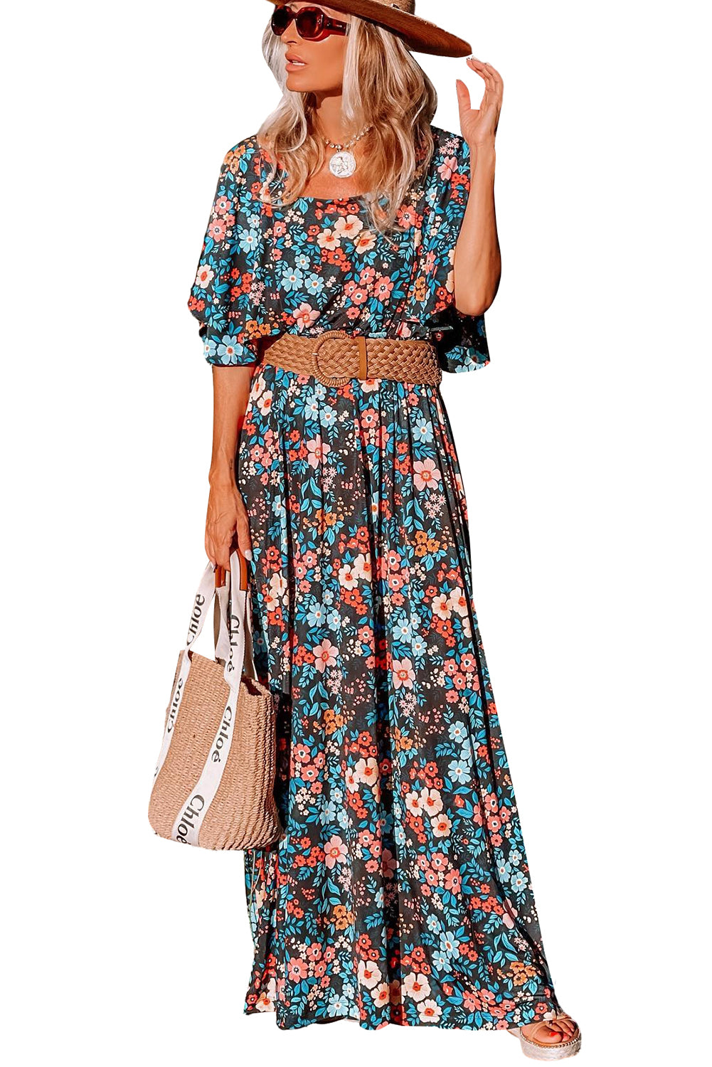 Sky Blue Boho Floral Print Knotted Backless Maxi Dress-Maxi Dresses-[Adult]-[Female]-2022 Online Blue Zone Planet