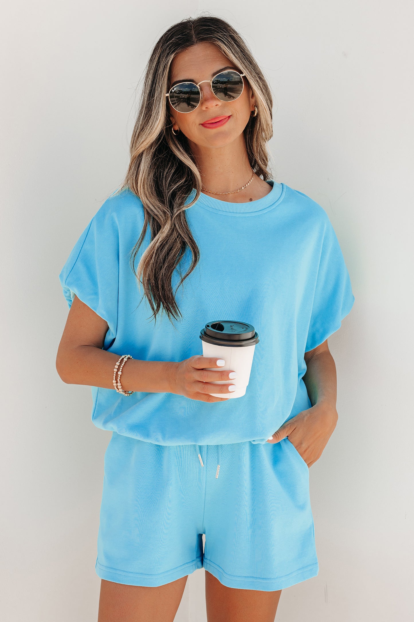 Smoke Gray Solid Color Puffy Loose Top Drawstring Shorts 2pcs Outfit-Two Piece Sets/Short Sets-[Adult]-[Female]-Light Blue-S-2022 Online Blue Zone Planet