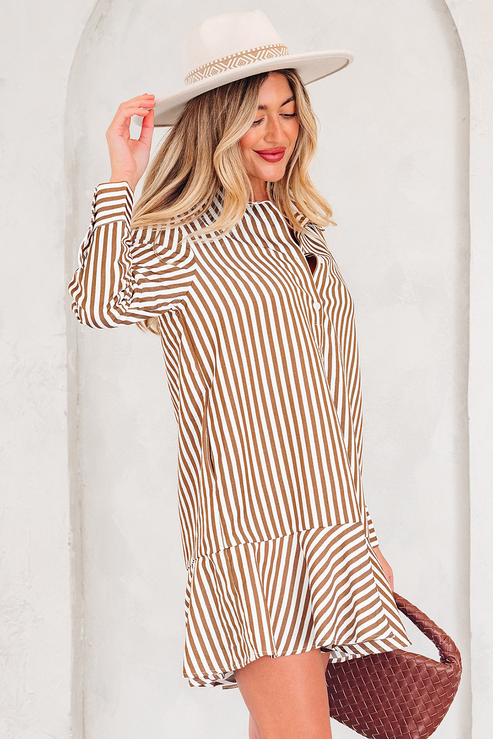 Brown Stripe Ruffled Hem Collared Long Sleeve Shirt Mini Dress-TOPS / DRESSES-[Adult]-[Female]-2022 Online Blue Zone Planet