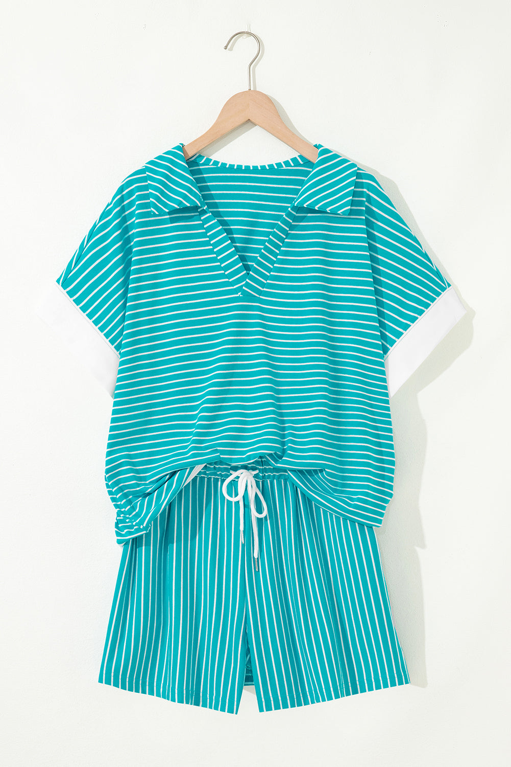 Sky Blue Stripe V Neck Tee and Casual Short Set-Two Piece Sets/Short Sets-[Adult]-[Female]-2022 Online Blue Zone Planet