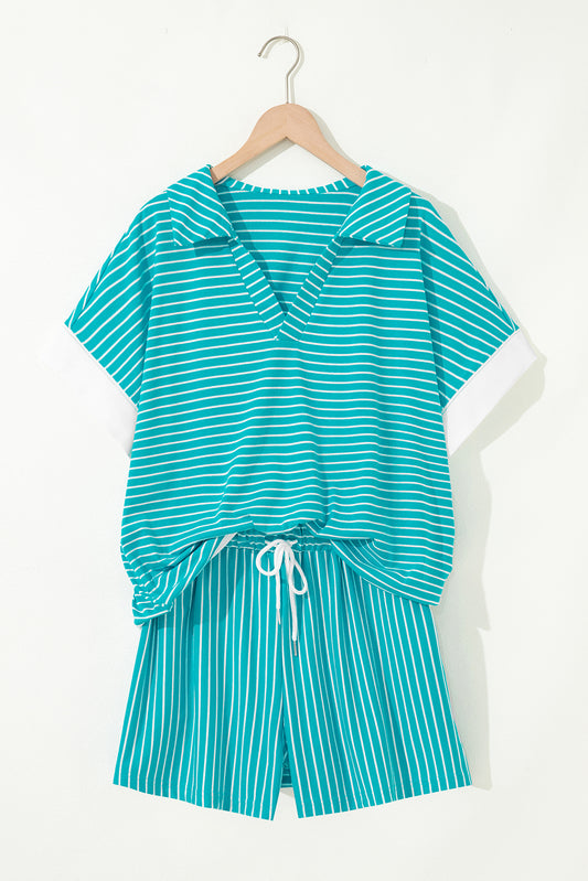 Sky Blue Stripe V Neck Tee and Casual Short Set-Two Piece Sets/Short Sets-[Adult]-[Female]-2022 Online Blue Zone Planet