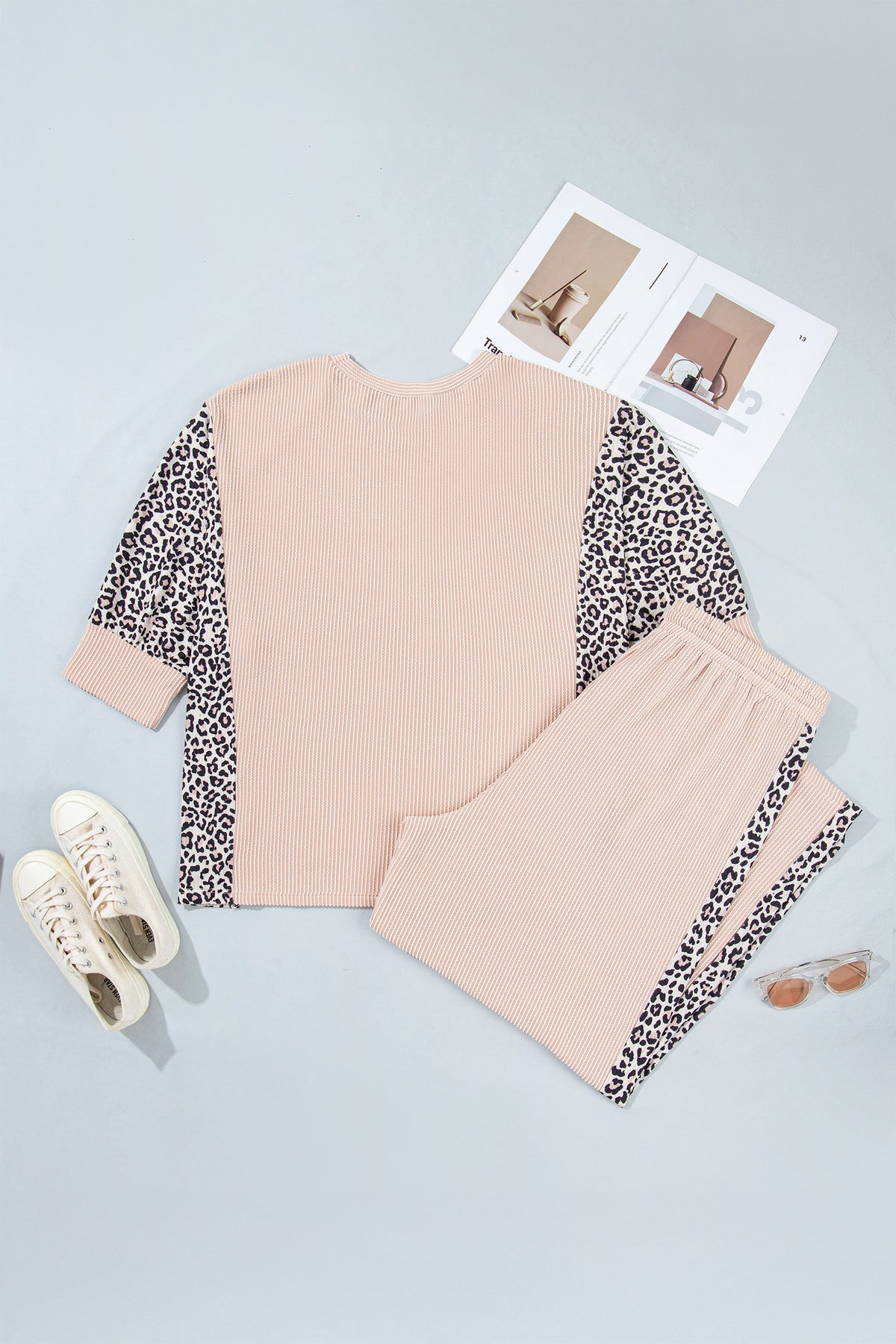 Light French Beige Leopard Print Ribbed Twist Long Sleeve Top Pants Plus Size Set-Plus Size/Plus Size Loungewear-[Adult]-[Female]-2022 Online Blue Zone Planet