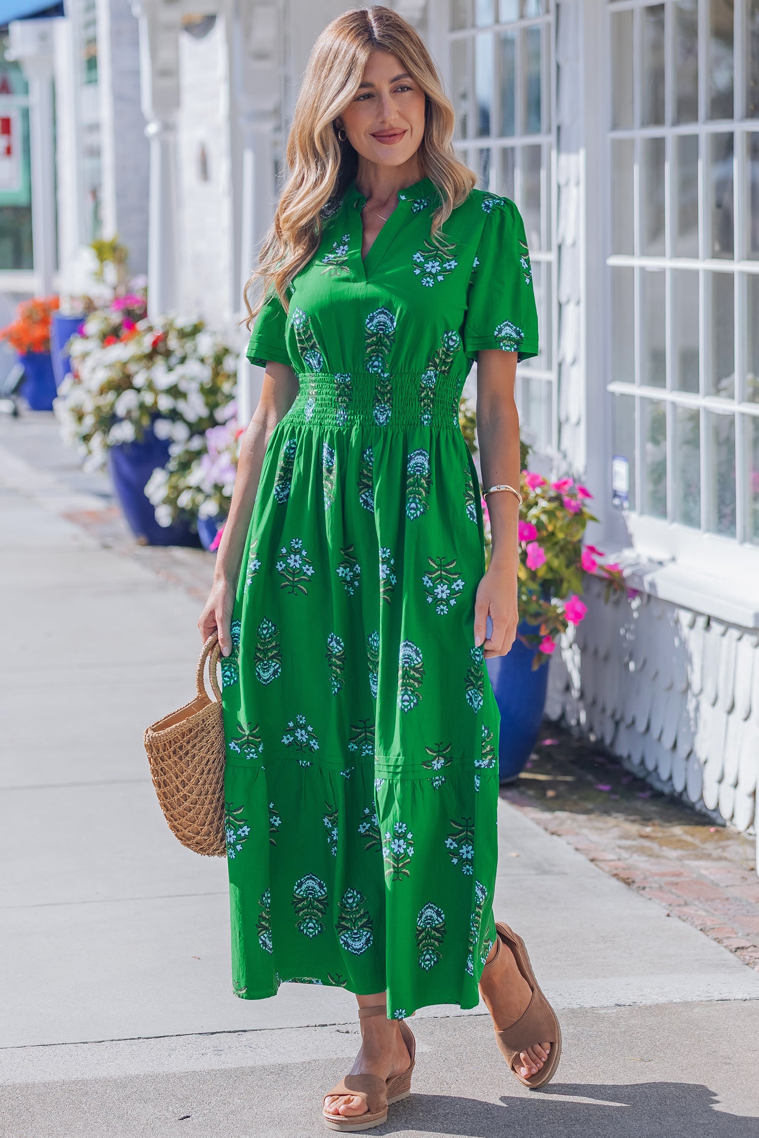 Green Floral Print Split Neck Shirred High Waist Ruffle Hem Maxi Dress-TOPS / DRESSES-[Adult]-[Female]-2022 Online Blue Zone Planet