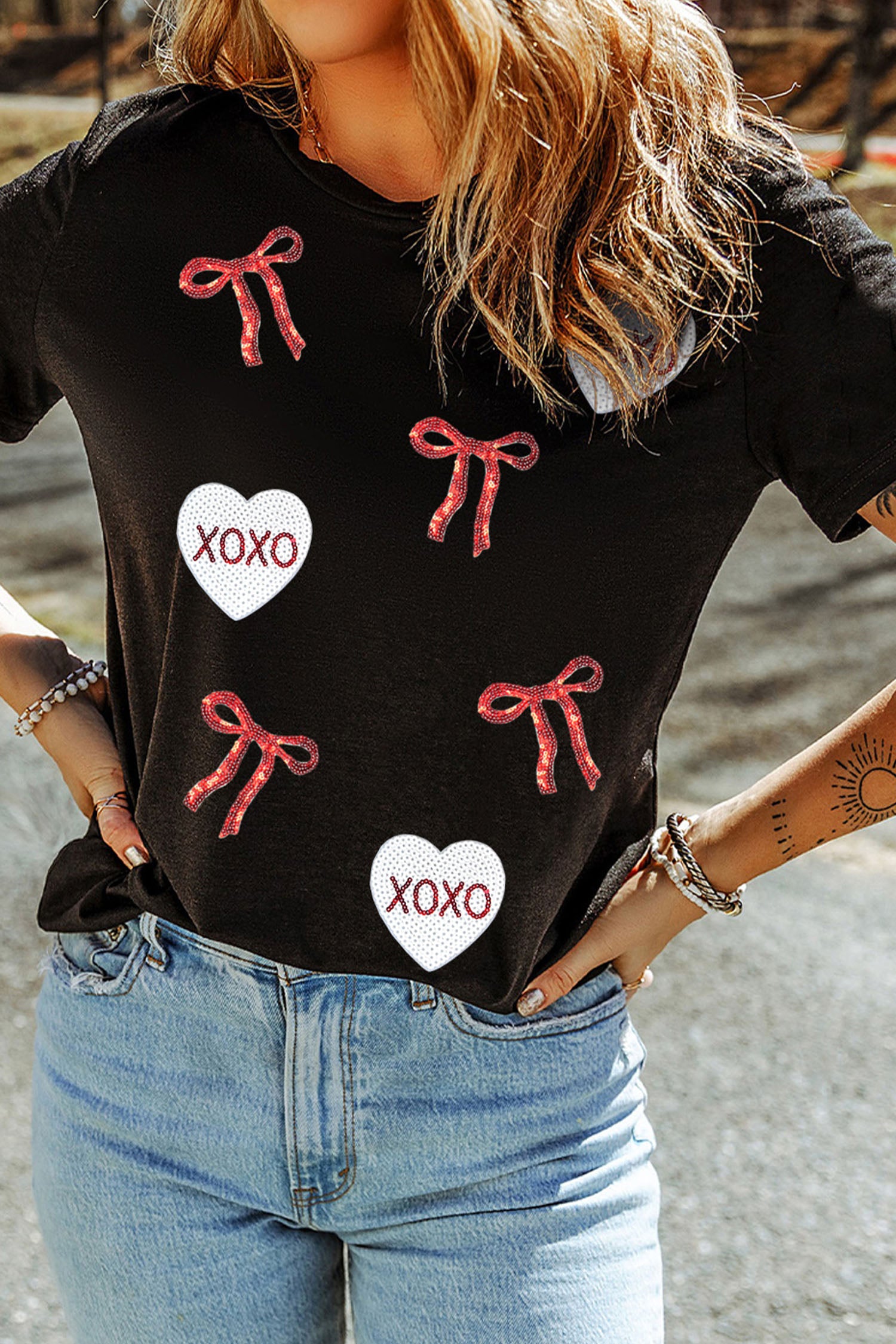 Black Valentines Bow Xoxo Heart Sequin Patched Loose T Shirt-Graphic Tees-[Adult]-[Female]-2022 Online Blue Zone Planet