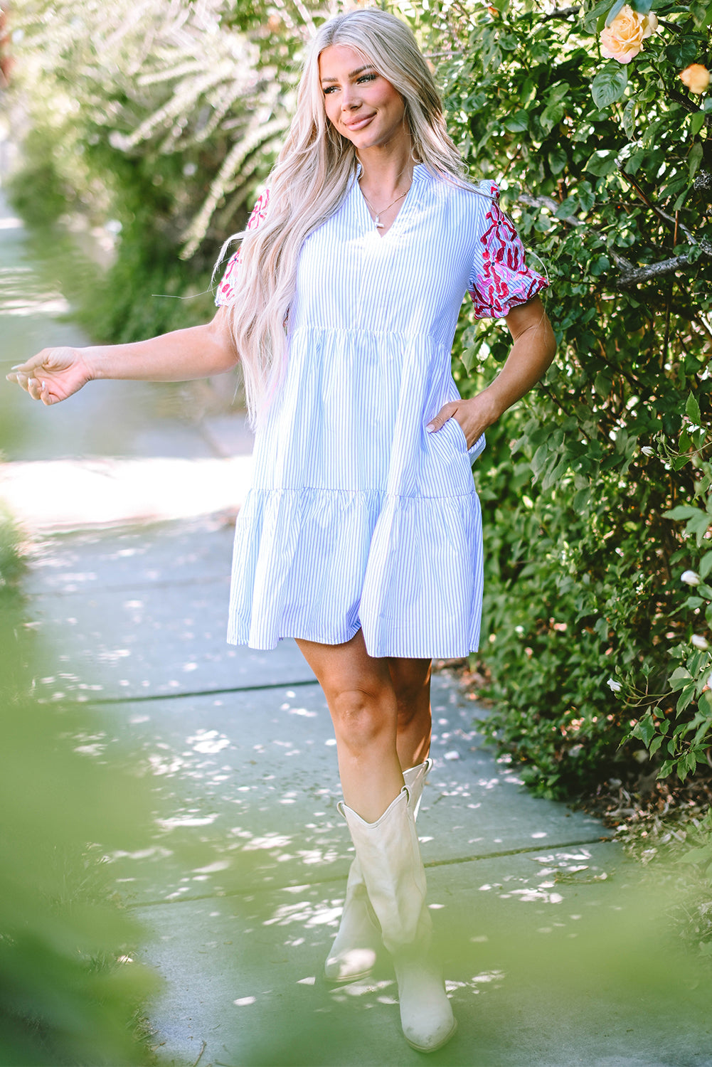 Blue Zone Planet | Sky Blue Stripe Contrast Floral Puff Sleeve Tiered Blue Zone Planet | Sky Blue Stripe Contrast Floral Puff Sleeve Tiered