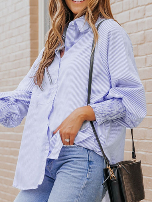 Striped Collared Neck Lantern Sleeve Shirt-TOPS / DRESSES-[Adult]-[Female]-2022 Online Blue Zone Planet