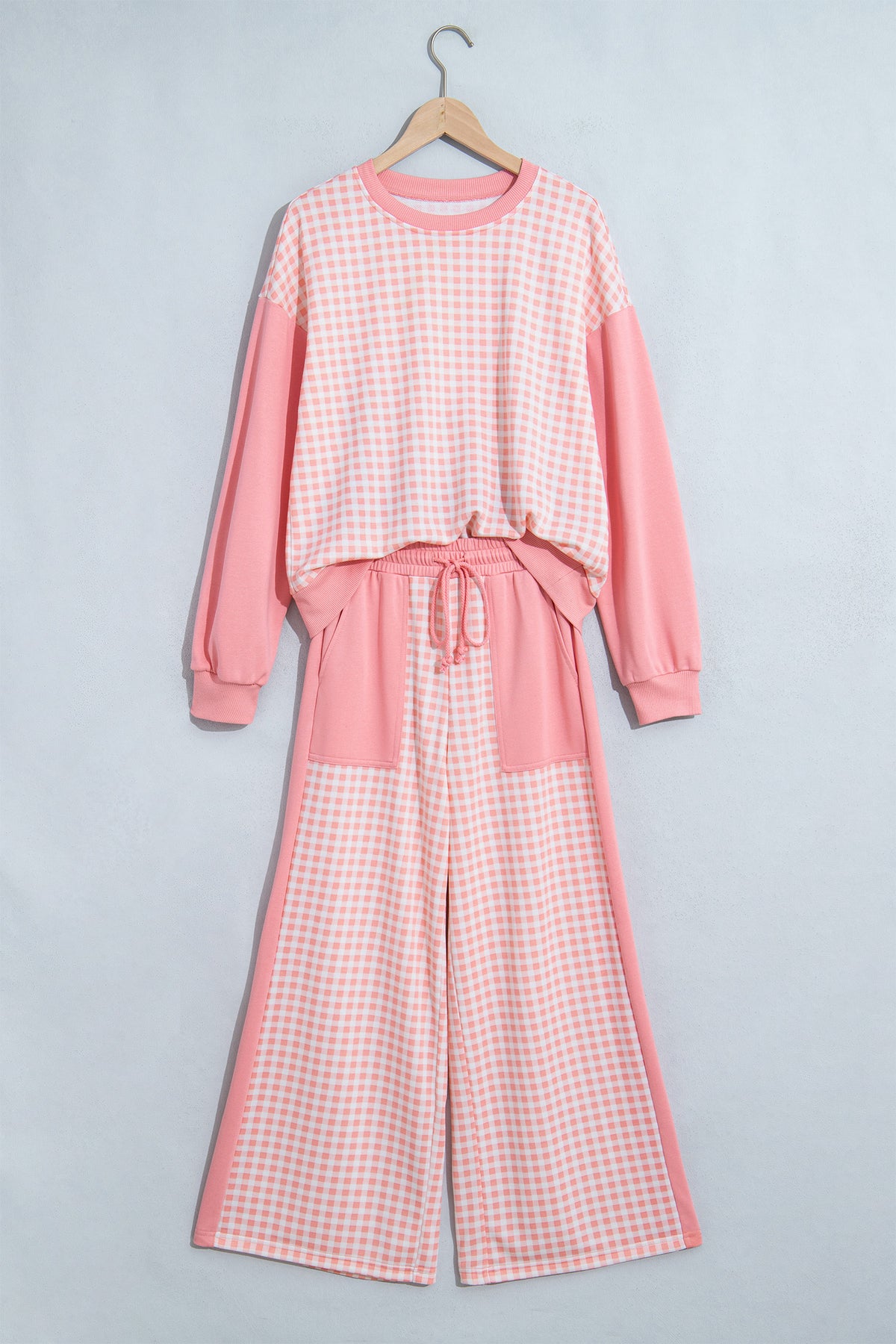 Khaki Color Block Plaid Patchwork Long Sleeve Pullover Wide Leg Pant Set-Two Piece Sets/Pant Sets-[Adult]-[Female]-2022 Online Blue Zone Planet