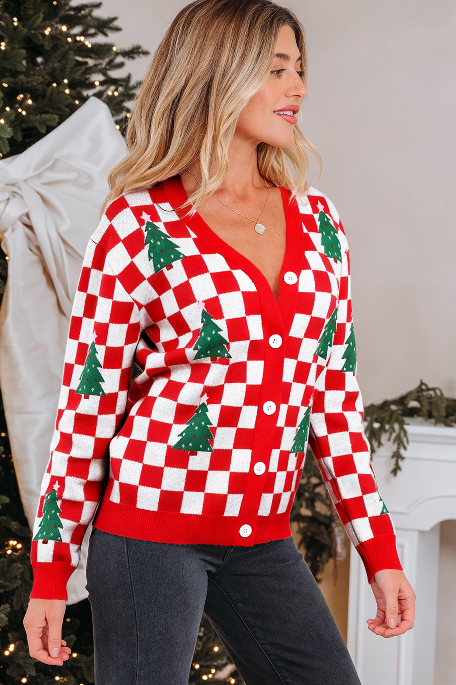 Pink Checkered Christmas Tree Pattern Button V Neck Cardigan Sweater-TOPS / DRESSES-[Adult]-[Female]-2022 Online Blue Zone Planet