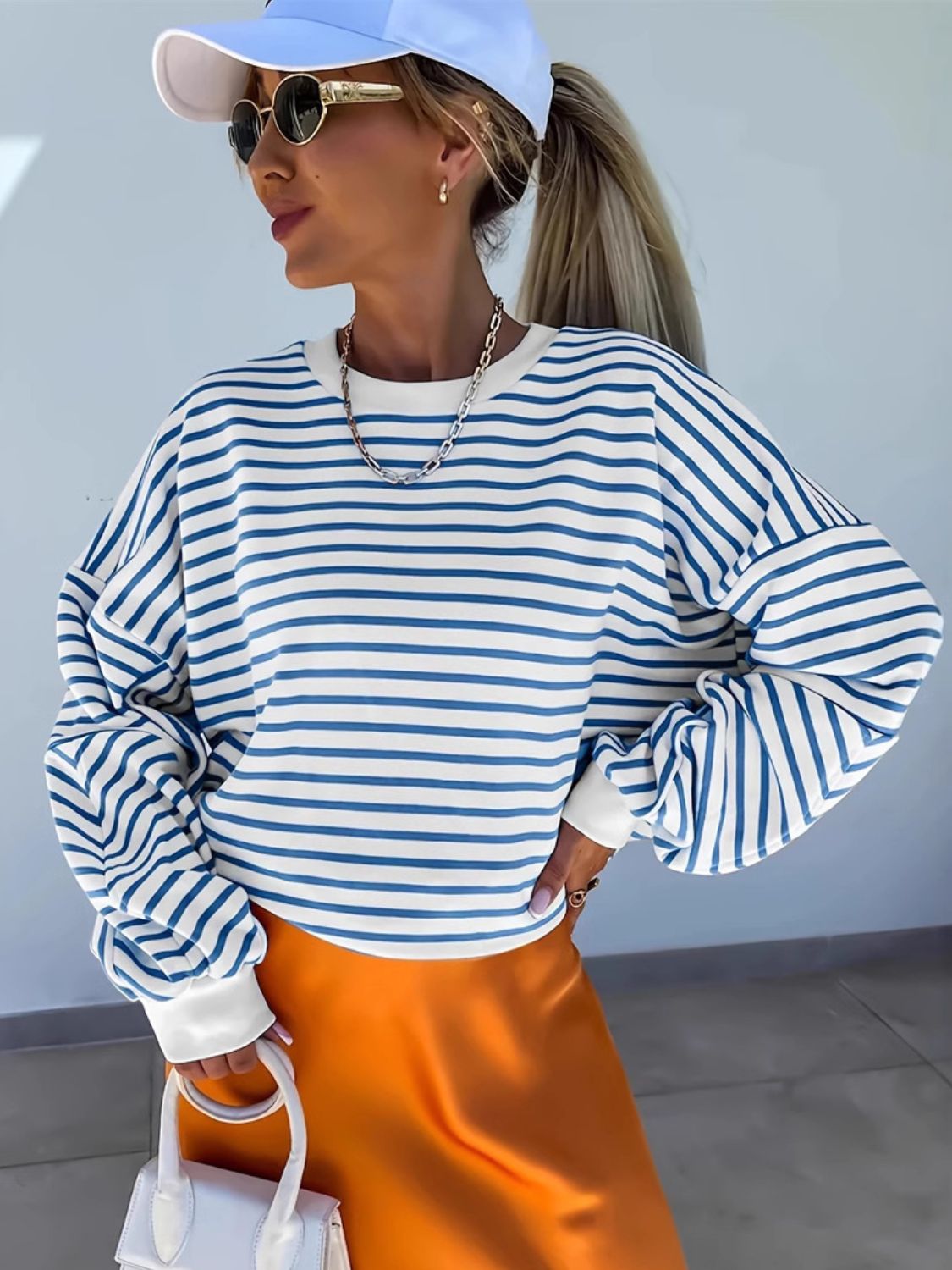 Full Size Striped Round Neck Long Sleeve Sweatshirt Plus Size-TOPS / DRESSES-[Adult]-[Female]-2022 Online Blue Zone Planet