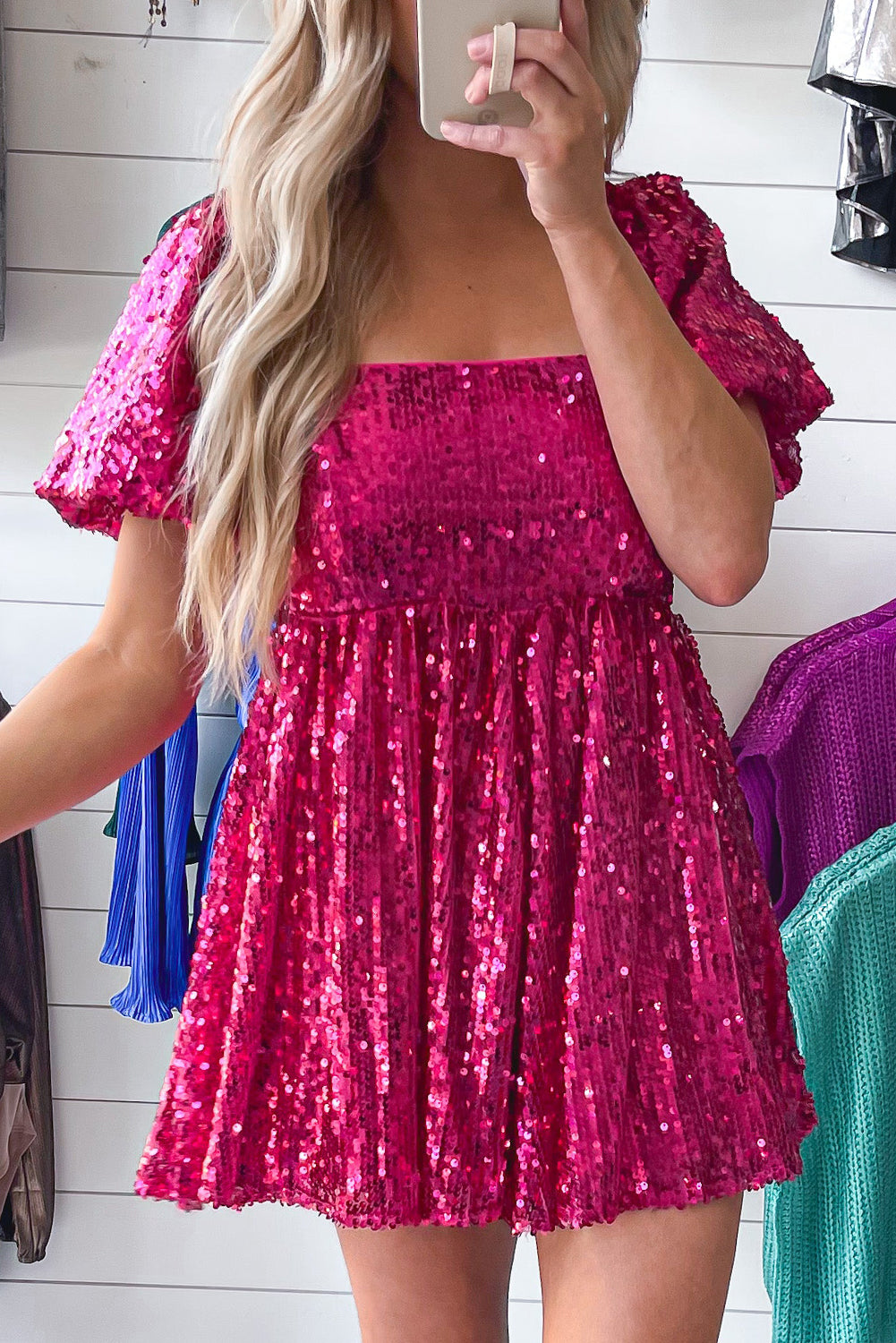 Blue Zone Planet | Rose Red Short Puff Sleeve Sequin Babydoll Romper-Bottoms/Jumpsuits & Rompers-[Adult]-[Female]-Rose Red-S-2022 Online Blue Zone Planet