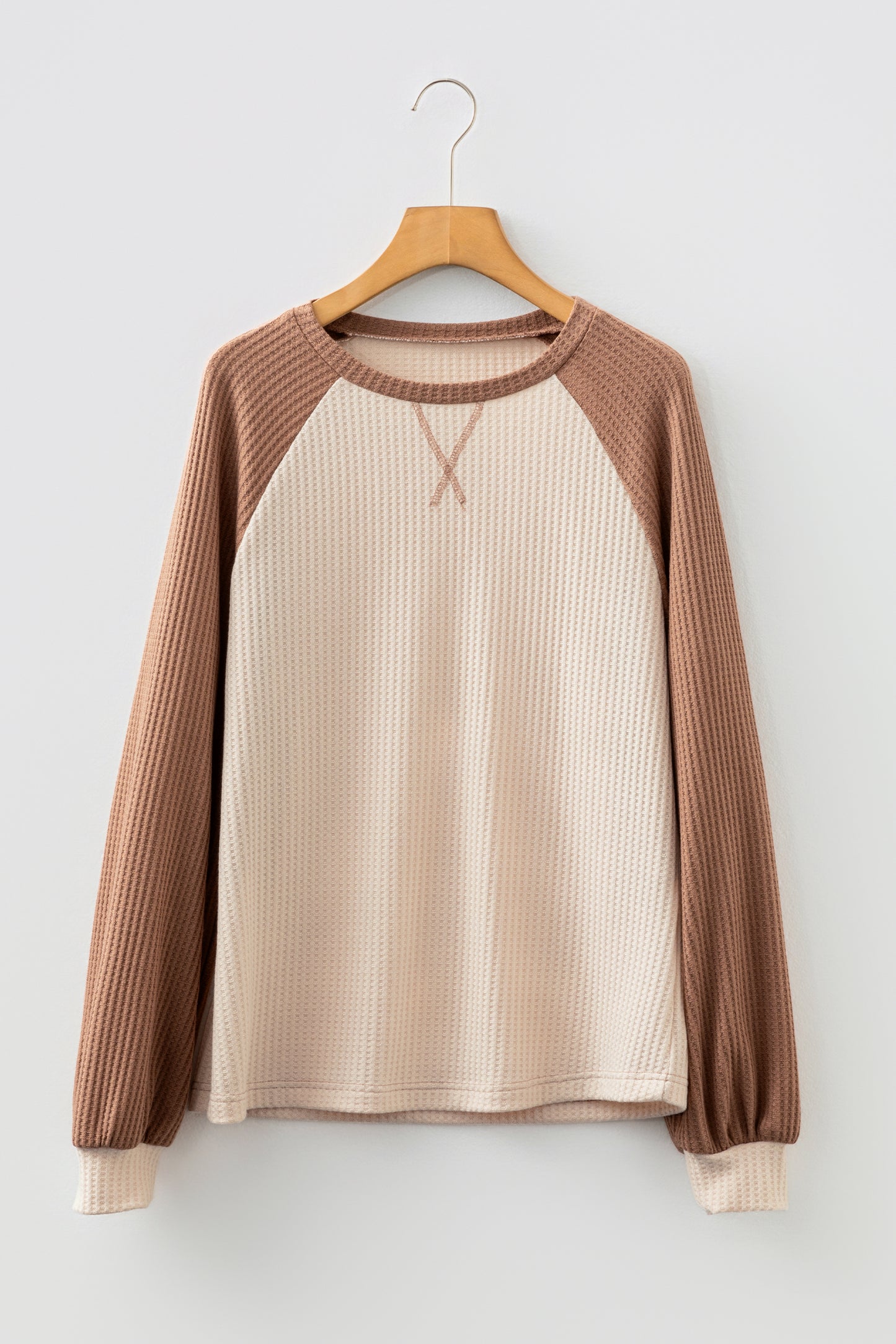Camel Waffle Color Block Raglan Sleeve Top-Tops/Long Sleeve Tops-[Adult]-[Female]-2022 Online Blue Zone Planet