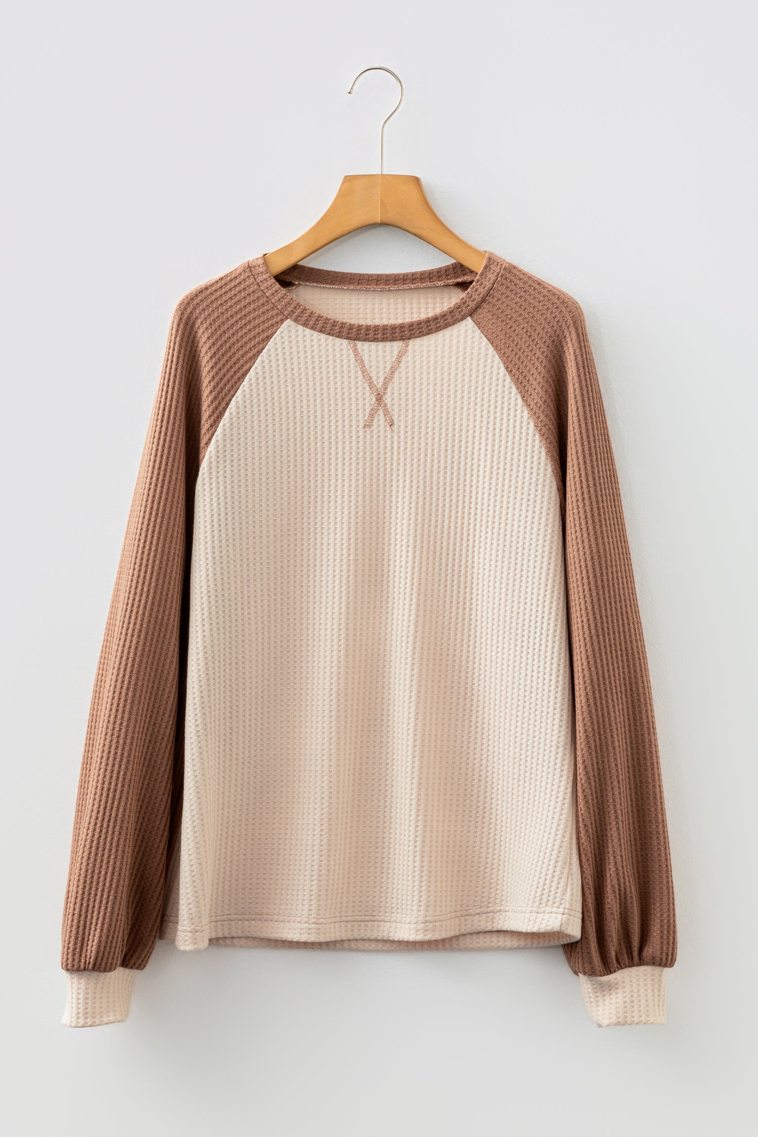 Camel Waffle Color Block Raglan Sleeve Top-Tops/Long Sleeve Tops-[Adult]-[Female]-2022 Online Blue Zone Planet