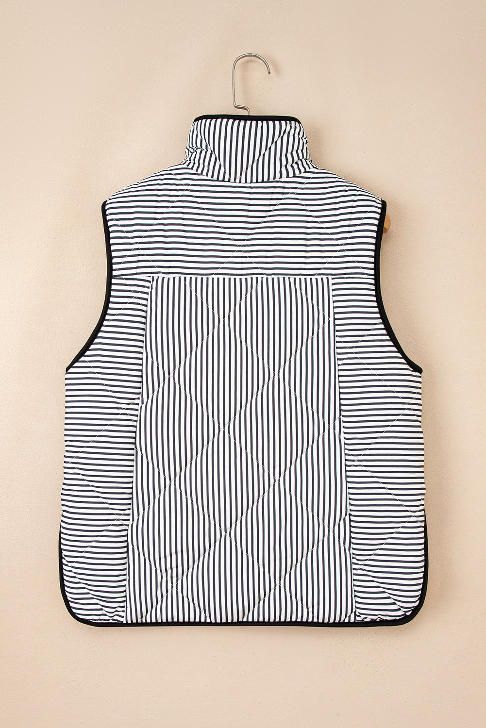 Black Stripe Contrast Trim Snap Button Collared Winter Vest-Outerwear/Vests-[Adult]-[Female]-2022 Online Blue Zone Planet