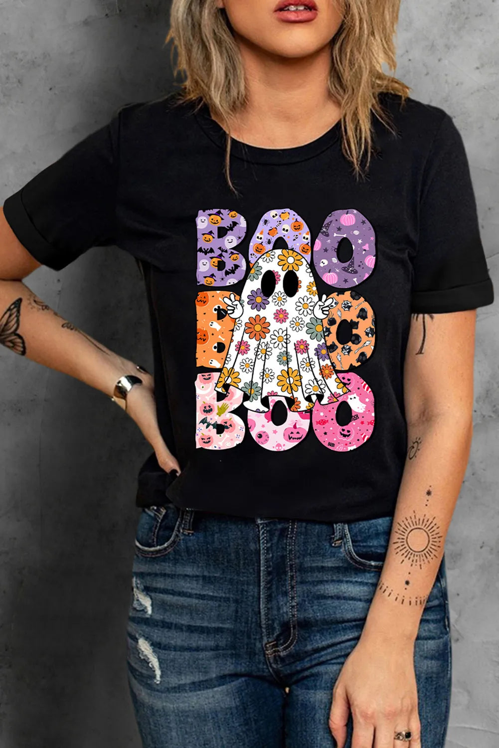 BOO Ghost Graphic Round Neck Short Sleeve T-Shirt-TOPS / DRESSES-[Adult]-[Female]-2022 Online Blue Zone Planet