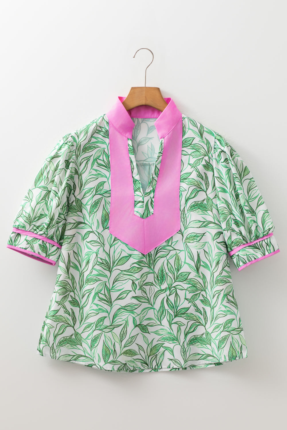 Green Leaves Pattern Color Block V Neck Puff Sleeve Blouse-Tops/Blouses & Shirts-[Adult]-[Female]-2022 Online Blue Zone Planet