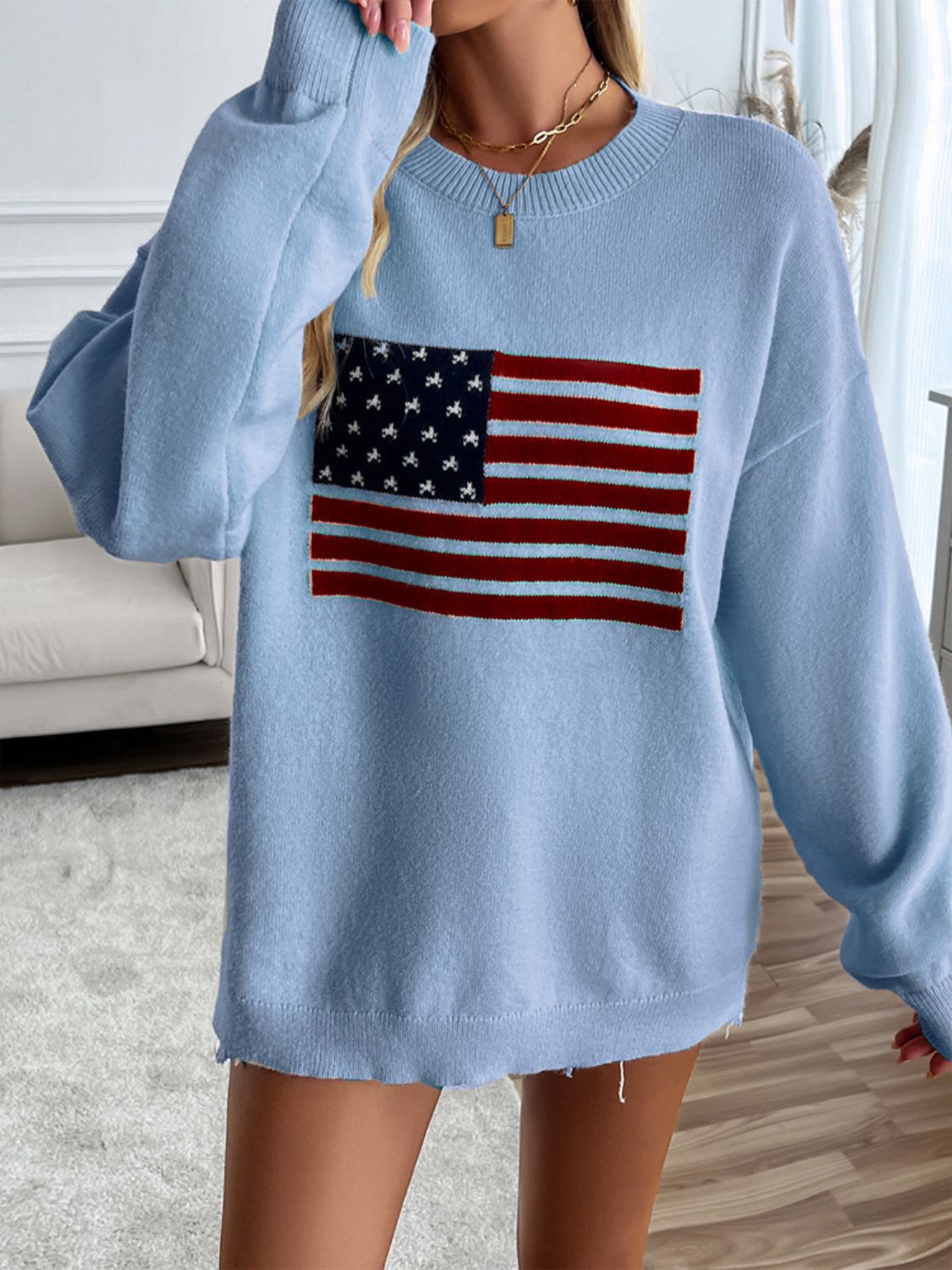 Devine US Flag Round Neck Long Sleeve Knit Top-TOPS / DRESSES-[Adult]-[Female]-2022 Online Blue Zone Planet