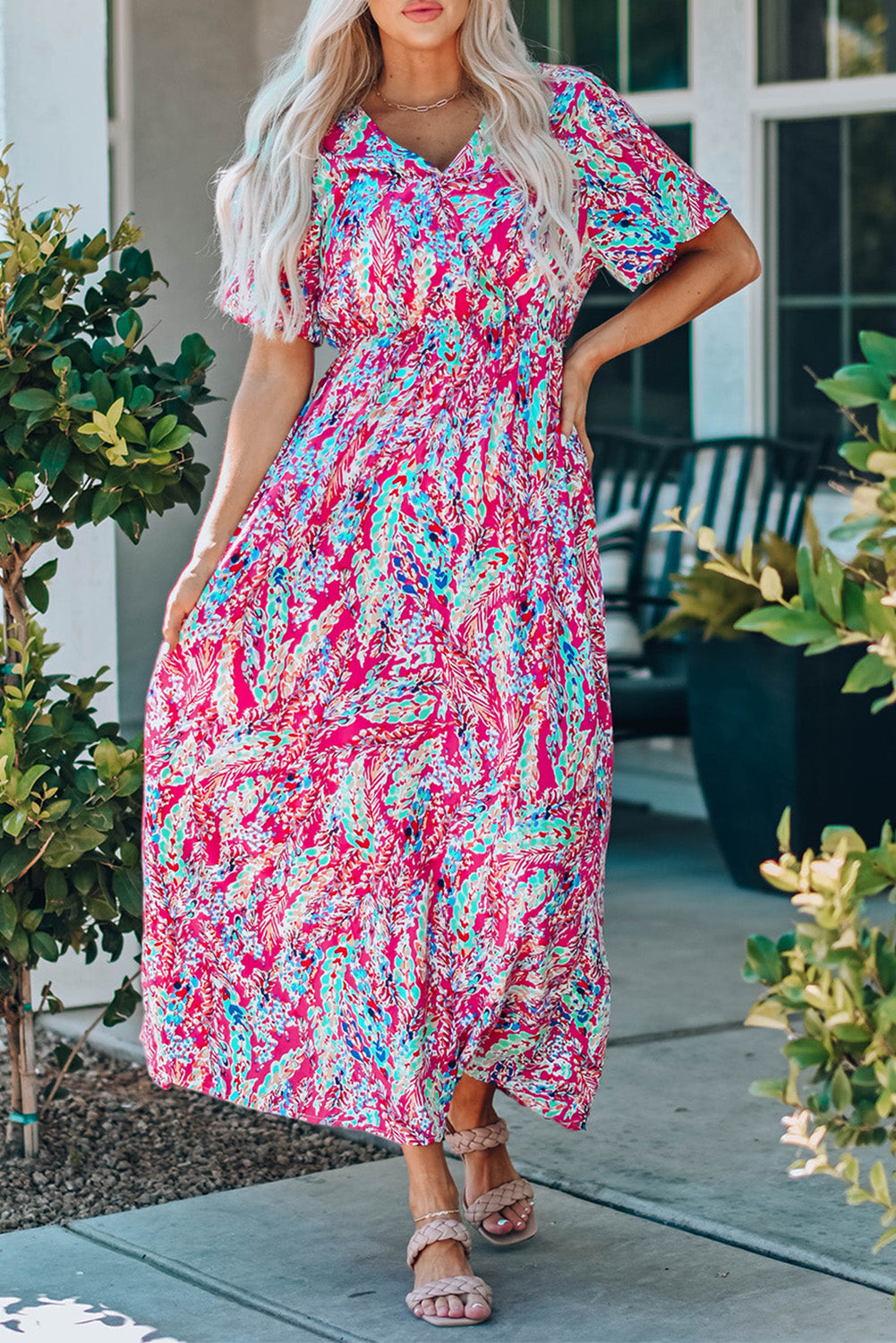 Green Wrap V Neck Floral Maxi Dress-Dresses/Floral Dresses-[Adult]-[Female]-2022 Online Blue Zone Planet