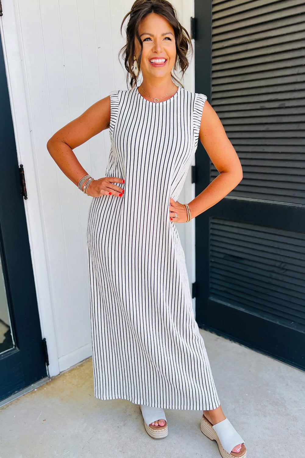 Black White Striped Vest Shift Maxi Dress-TOPS / DRESSES-[Adult]-[Female]-2022 Online Blue Zone Planet