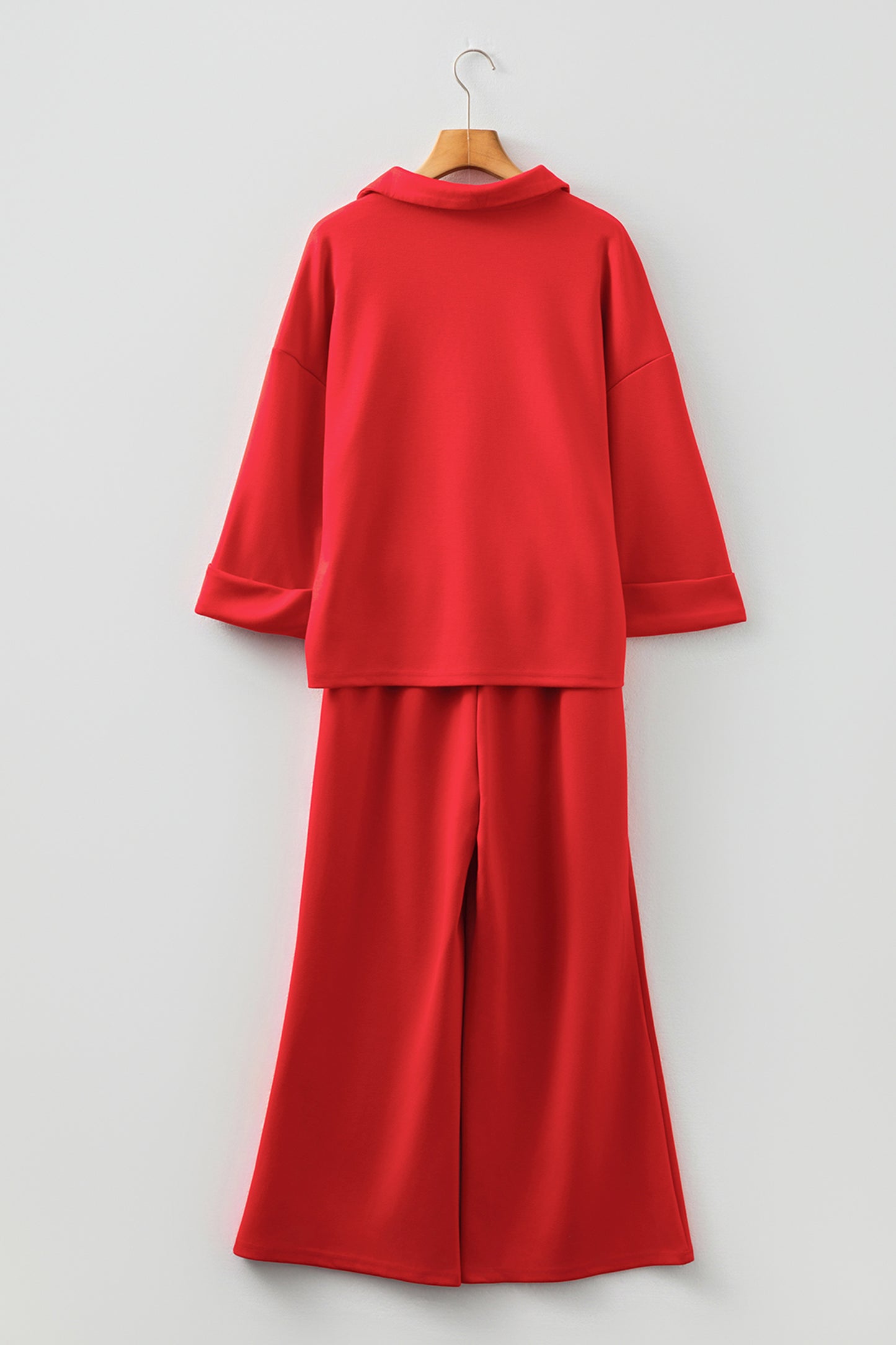Fiery Red Polo Collar V Neck 3/4 Sleeve Pullover Drawstring Bell Bottom Pants 2pcs Set-Two Piece Sets/Pant Sets-[Adult]-[Female]-2022 Online Blue Zone Planet
