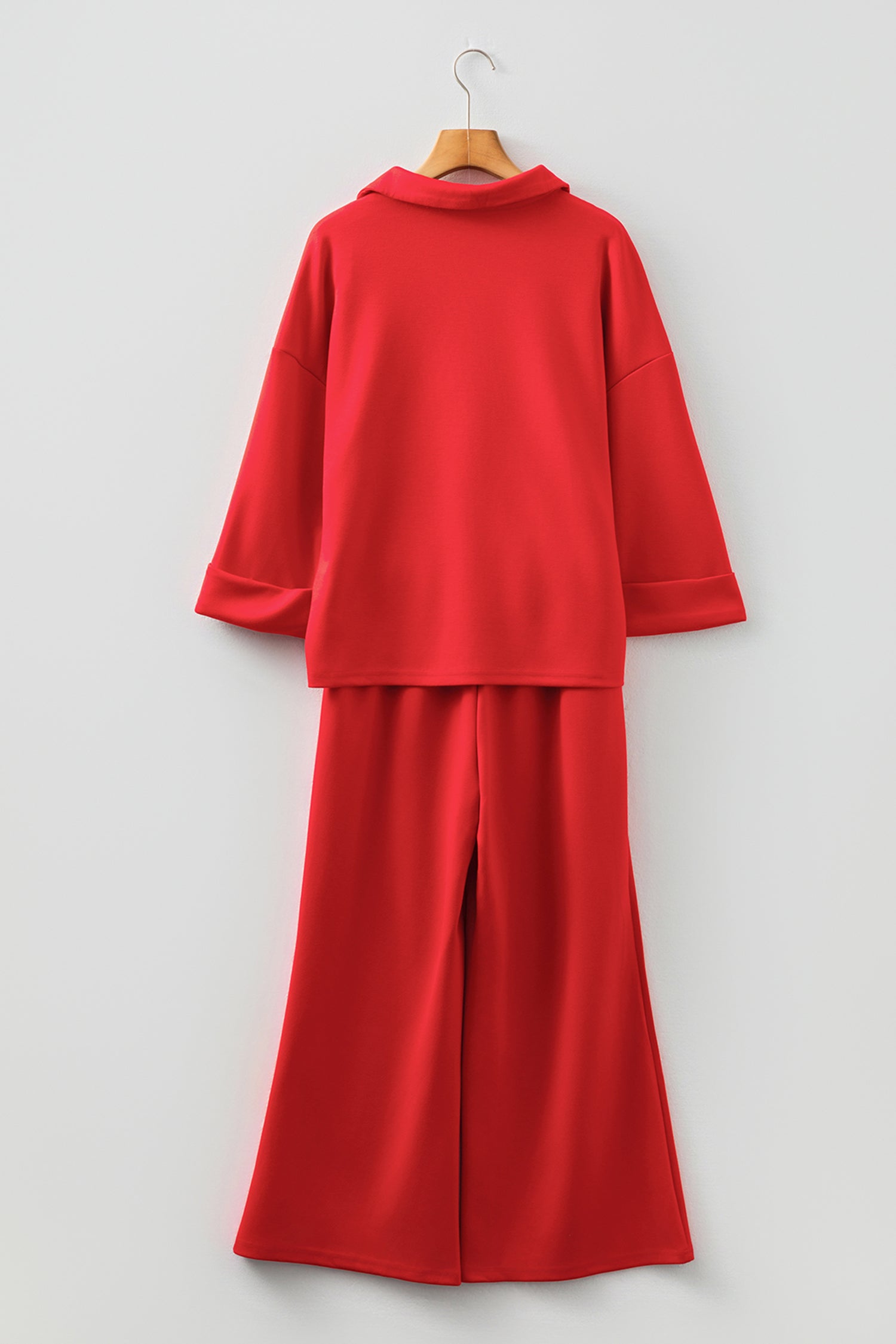 Fiery Red Polo Collar V Neck 3/4 Sleeve Pullover Drawstring Bell Bottom Pants 2pcs Set-Two Piece Sets/Pant Sets-[Adult]-[Female]-2022 Online Blue Zone Planet