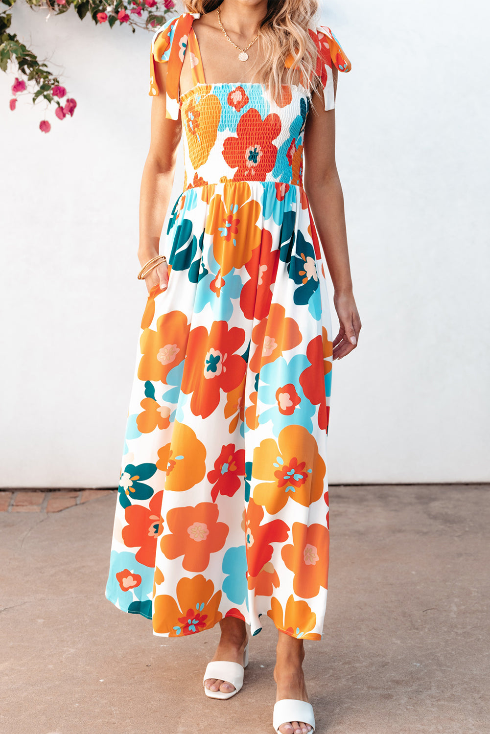 Orange Floral Self Tied Straps Smocked Bust Maxi Dress-Dresses/Floral Dresses-[Adult]-[Female]-2022 Online Blue Zone Planet