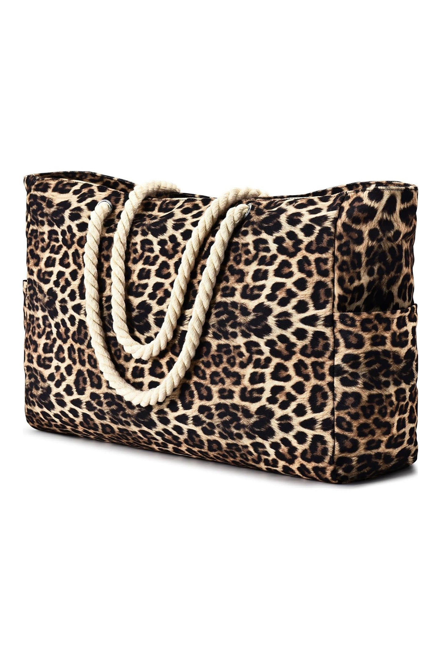 Coffee Leopard Print Rope Straps Large Travel Shopping Bag