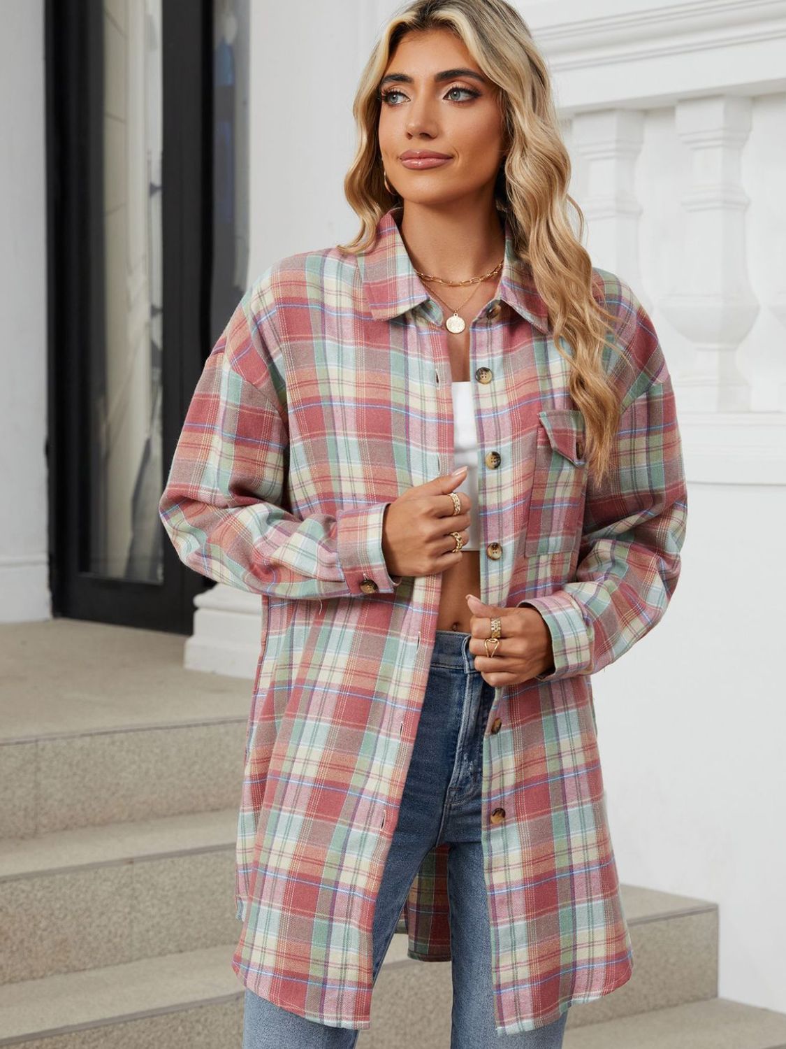 Plaid Collared Neck Long Sleeve Shirt-TOPS / DRESSES-[Adult]-[Female]-2022 Online Blue Zone Planet