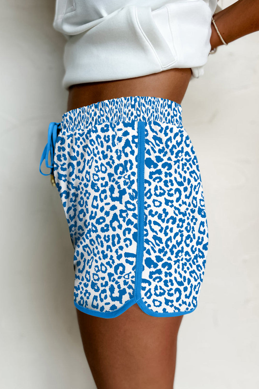 Blue Leopard Elastic Waist Lace Up Contrast Trim Casual Shorts-Bottoms/Casual Shorts-[Adult]-[Female]-2022 Online Blue Zone Planet