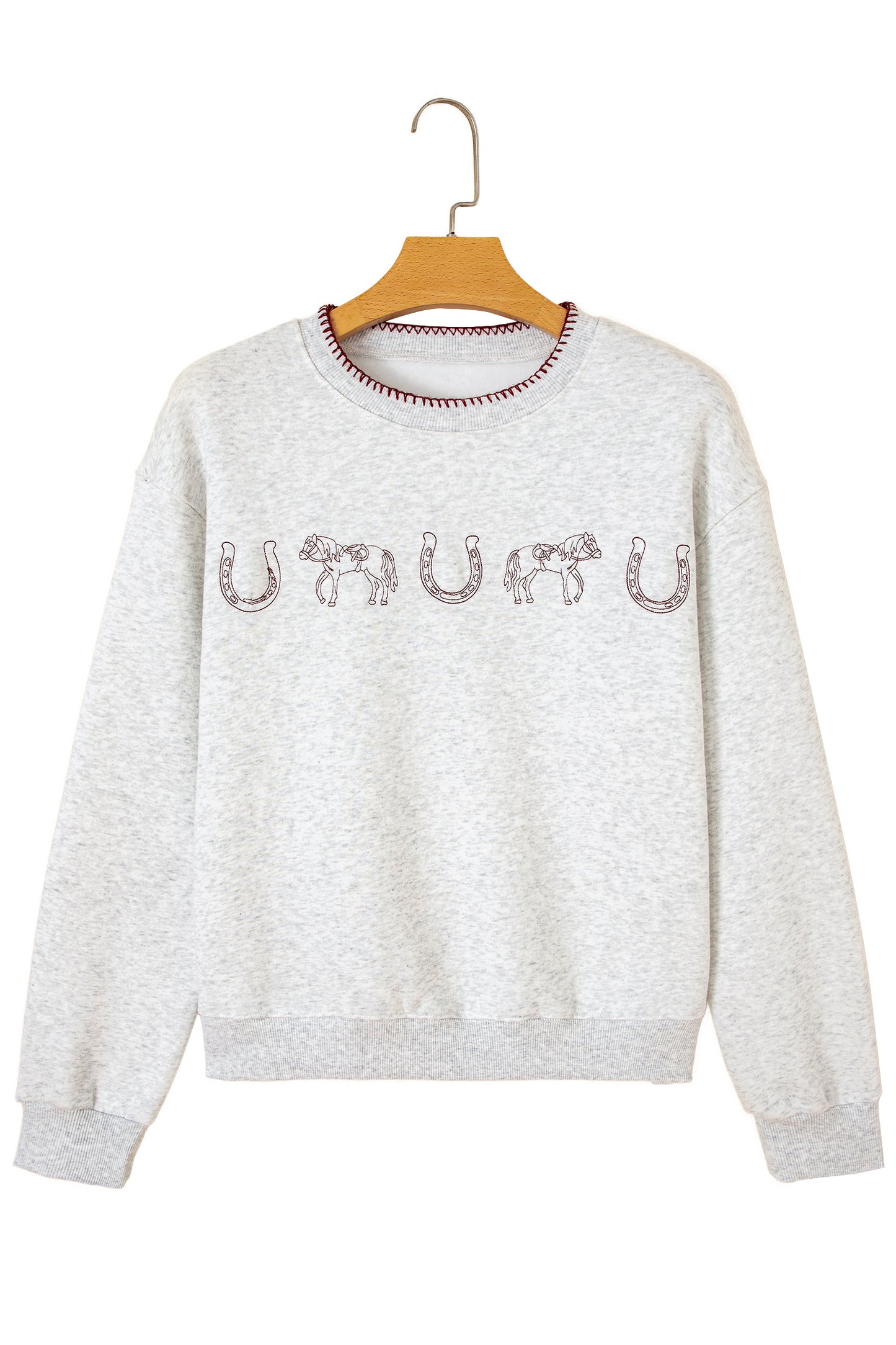 Light Grey Western Print Embroidered Casual Sweatshirt-Tops/Sweatshirts & Hoodies-[Adult]-[Female]-2022 Online Blue Zone Planet