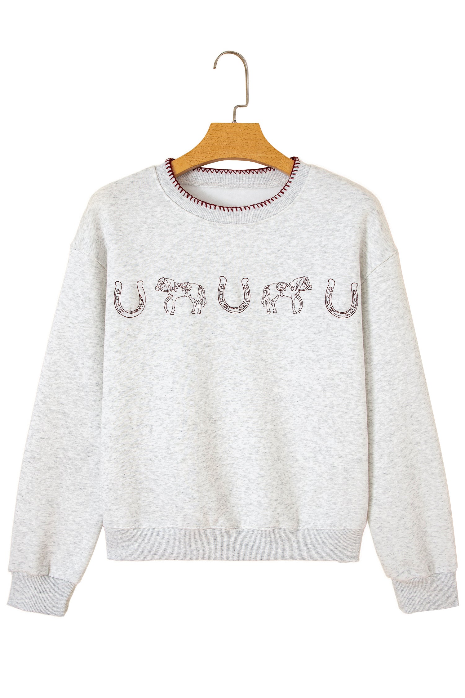 Light Grey Western Print Embroidered Casual Sweatshirt-Tops/Sweatshirts & Hoodies-[Adult]-[Female]-2022 Online Blue Zone Planet