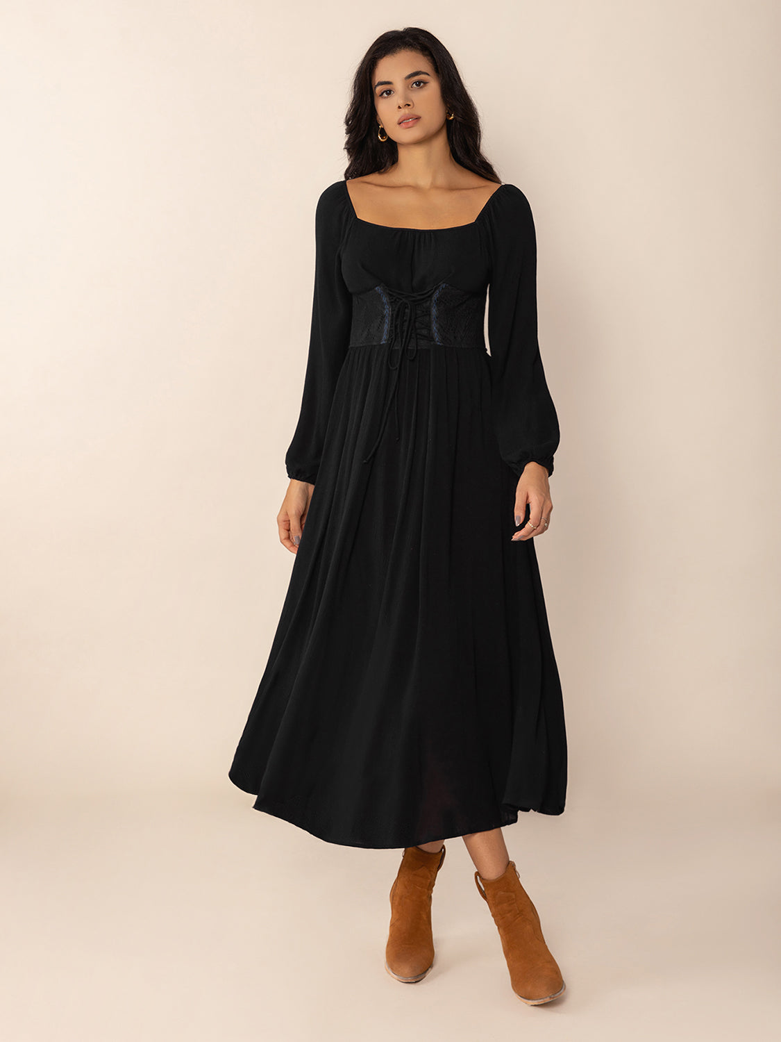 Lace-Up Square Neck Long Sleeve Midi Dress-TOPS / DRESSES-[Adult]-[Female]-Black-S-2022 Online Blue Zone Planet