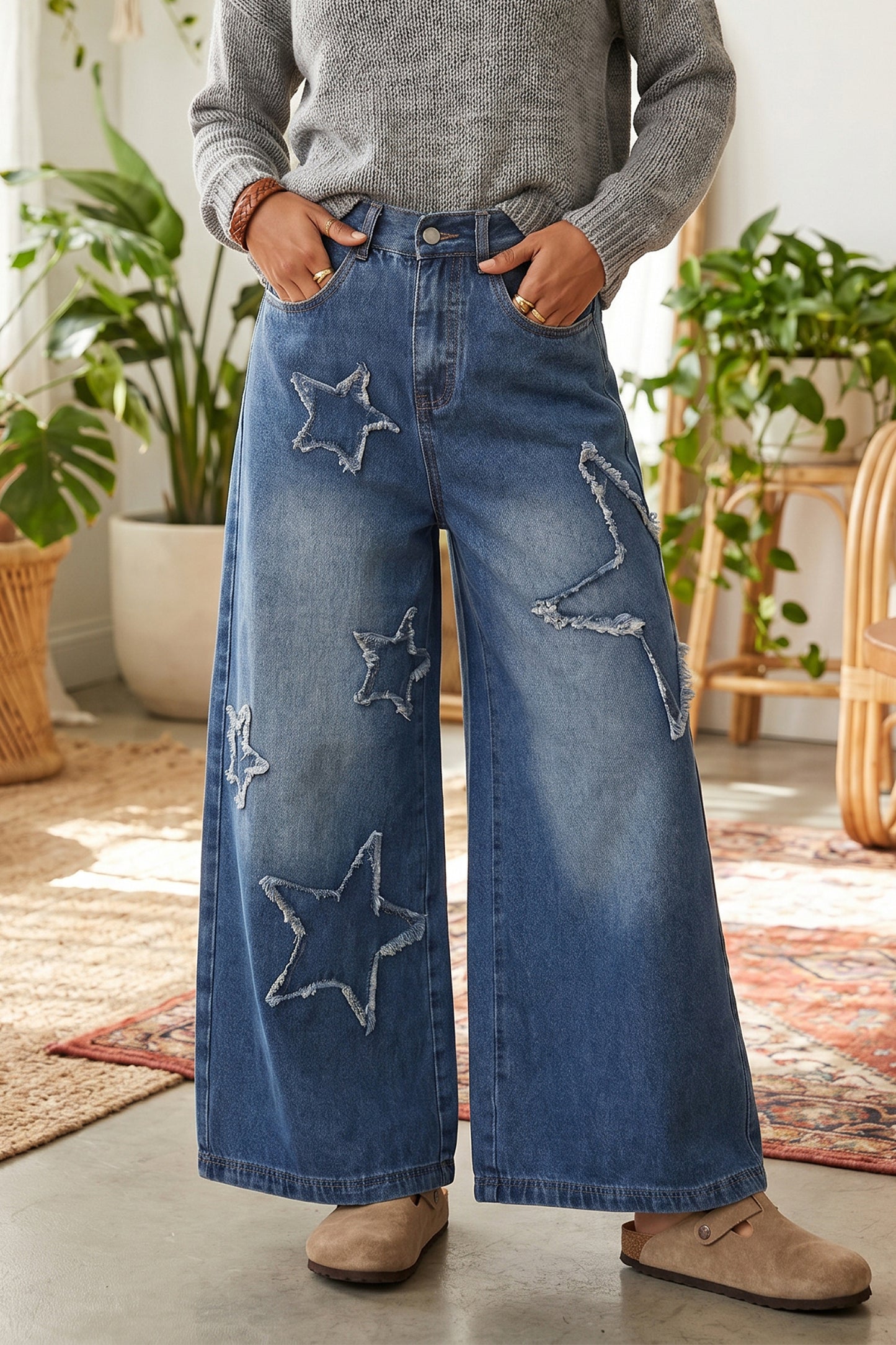 Ashleigh Blue Star Decorated Wide Leg Jeans-Bottoms/Jeans-[Adult]-[Female]-Ashleigh Blue-4-2022 Online Blue Zone Planet