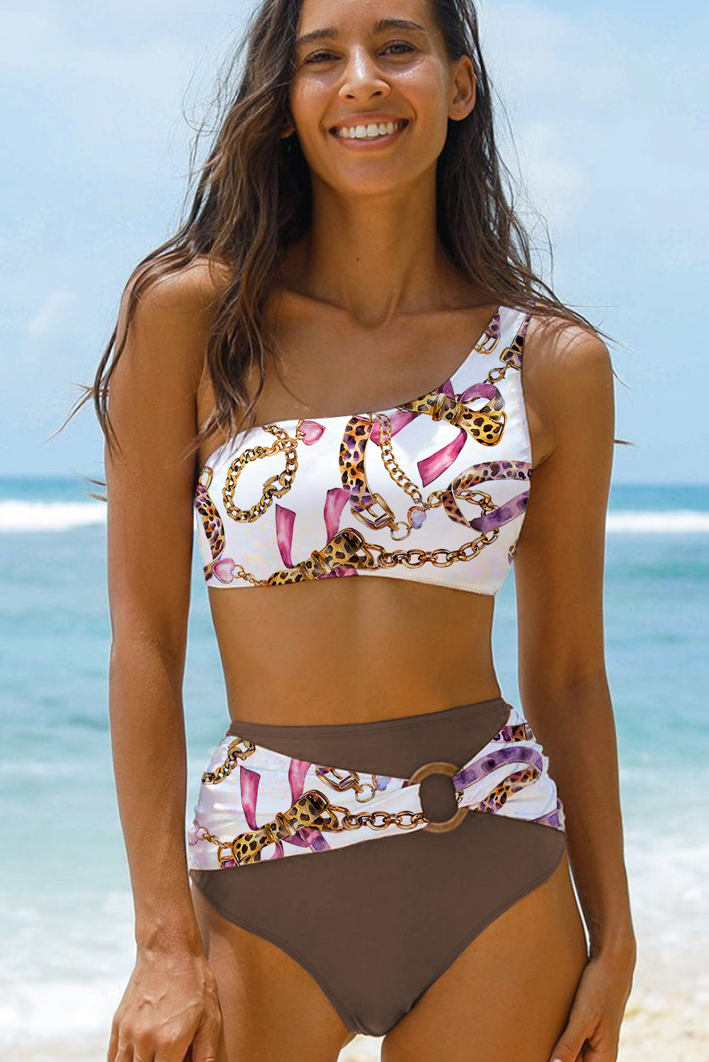 Khaki Abstract Print One Shoulder Ring Linked High Waist Bikini-Bikini Sets-[Adult]-[Female]-2022 Online Blue Zone Planet